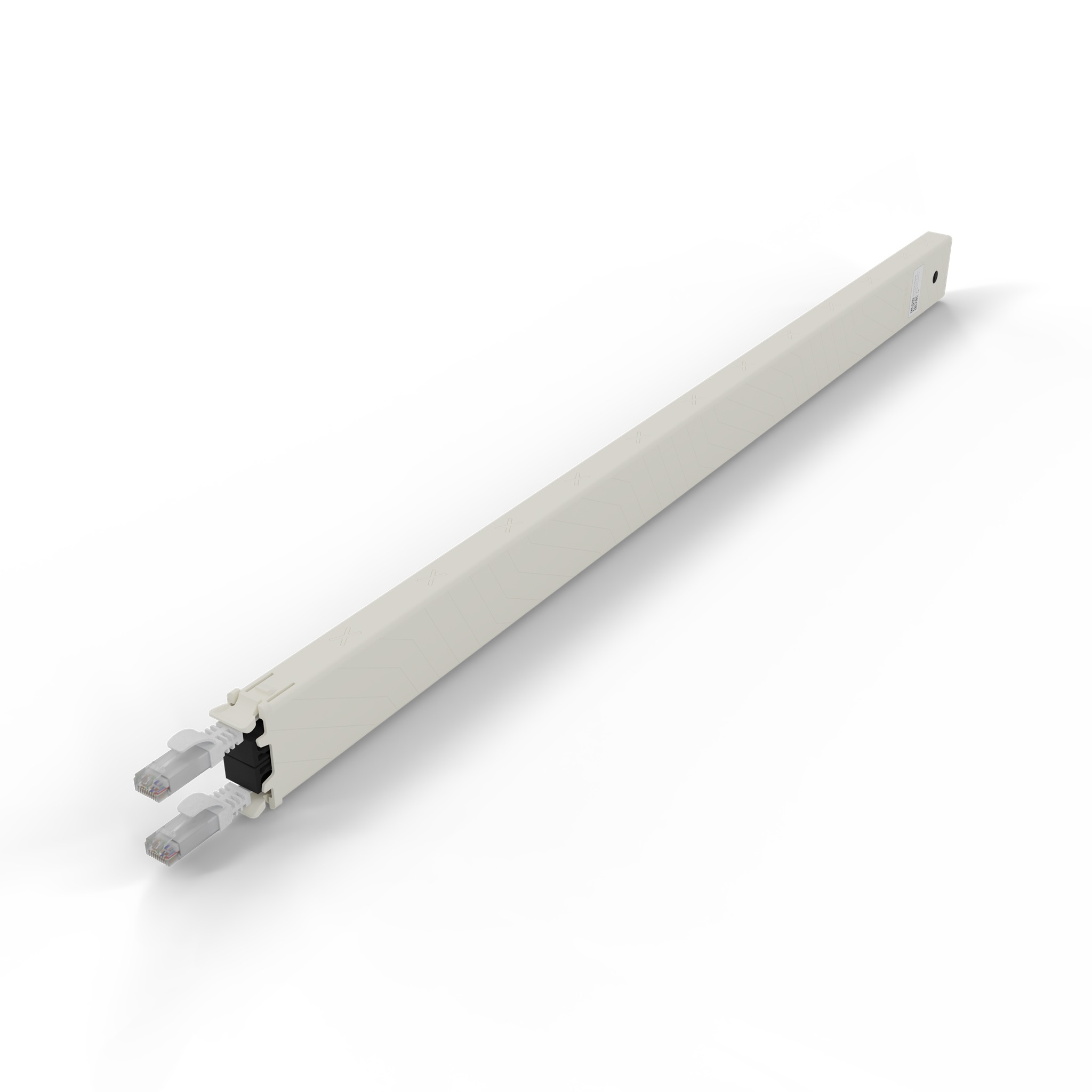 Un canalina per cavi color crema con due connettori RJ45 e inserti neri.