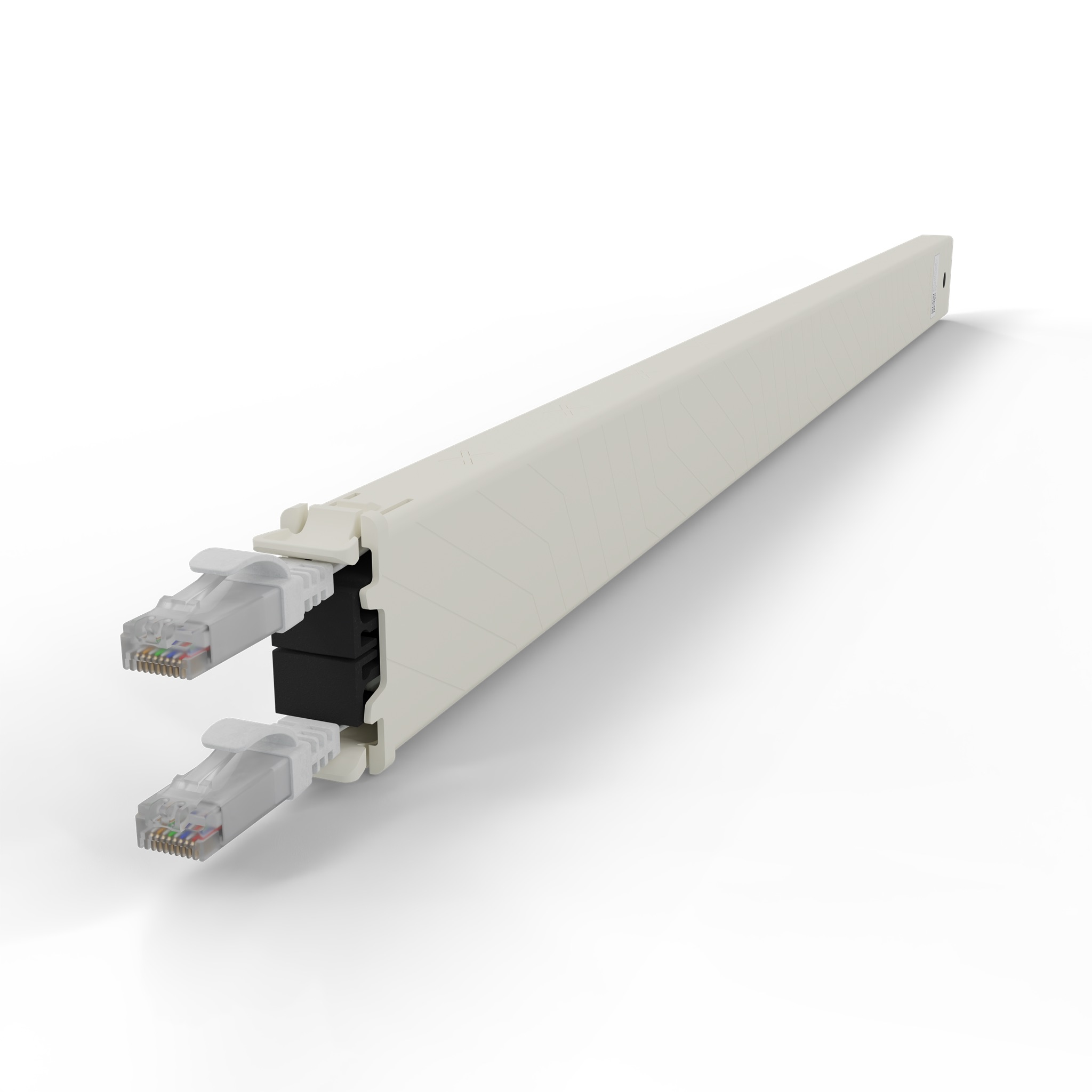 Un canalino bianco con due connettori RJ45 che sporgono.