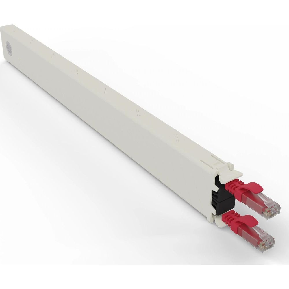 Un canale passacavi bianco con due connettori Ethernet rossi che sporgono da un'estremità.