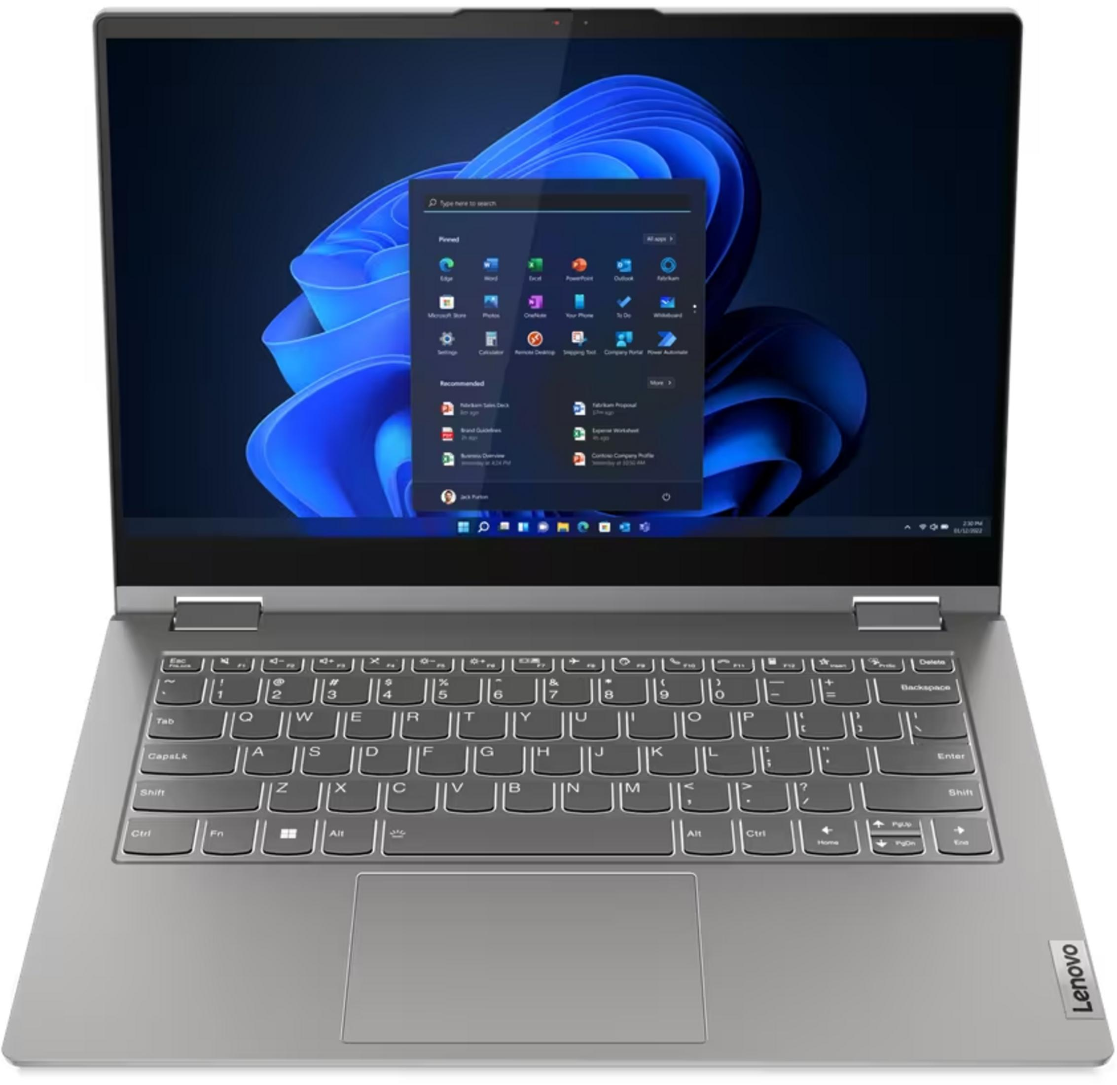 Ein silberner Laptop mit beleuchteter Tastatur und Windows 11-Startmenü.
