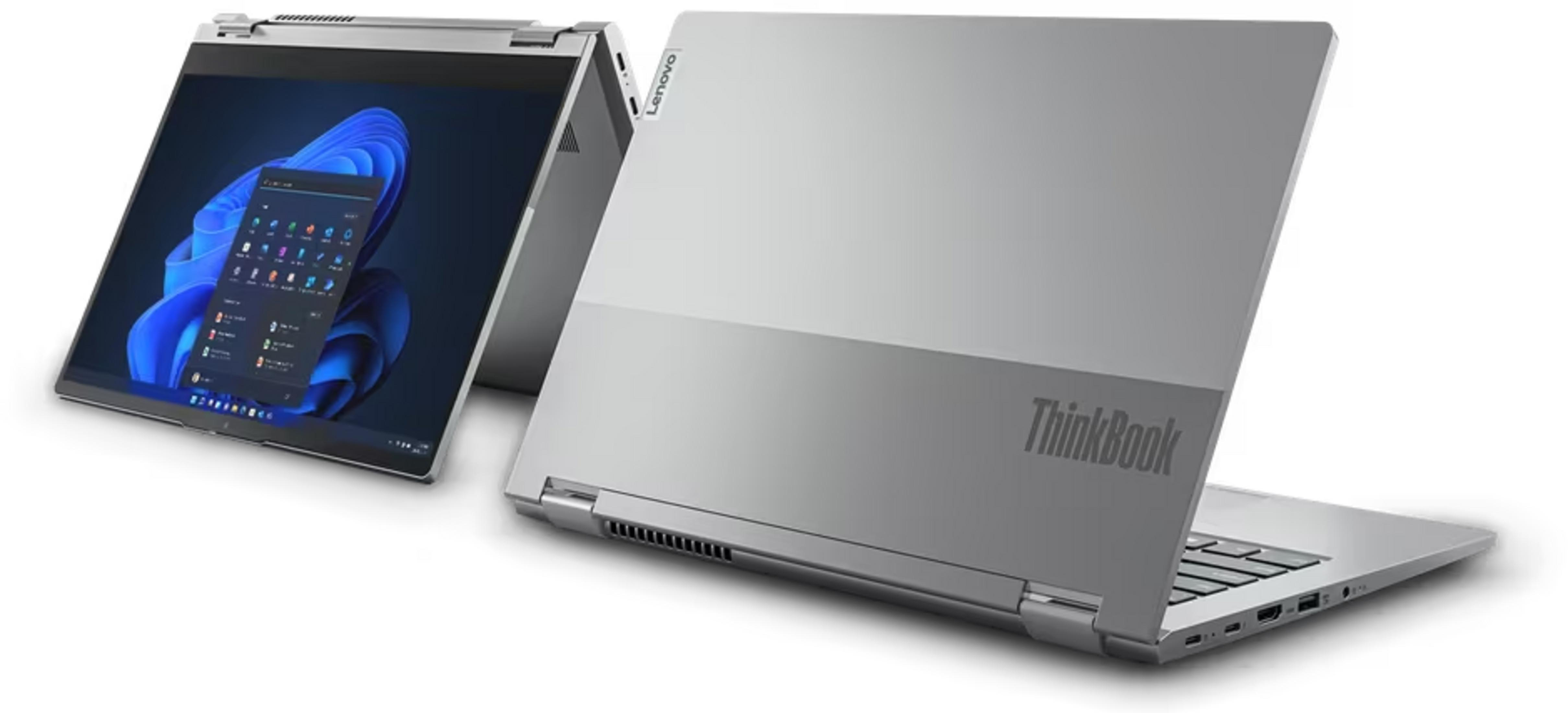 Ein silberner Lenovo ThinkBook Laptop mit geöffnetem Bildschirm, der eine App-Übersicht zeigt.