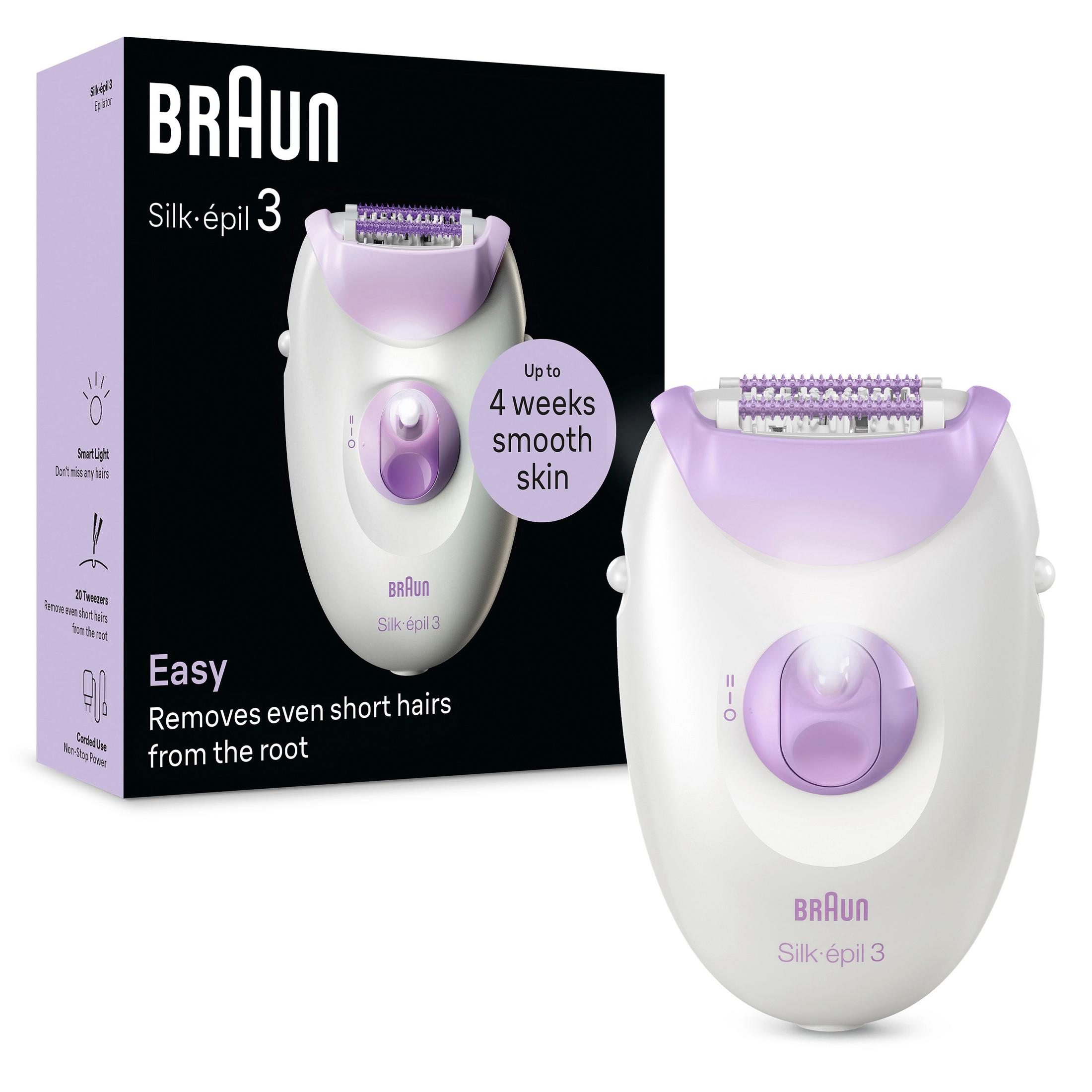 Epilatore Braun Silk-épil 3 bianco e viola con confezione e dispositivo separato.