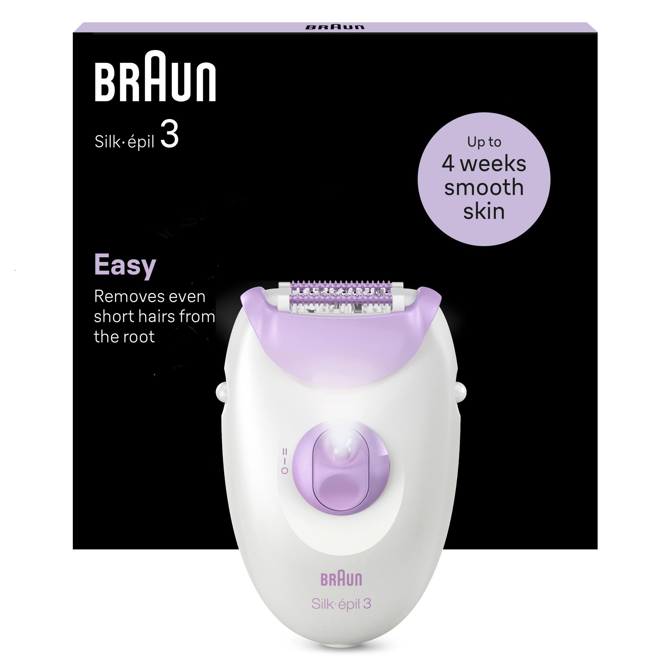 Un epilatore Braun Silk-épil 3 bianco con accenti viola su sfondo nero.