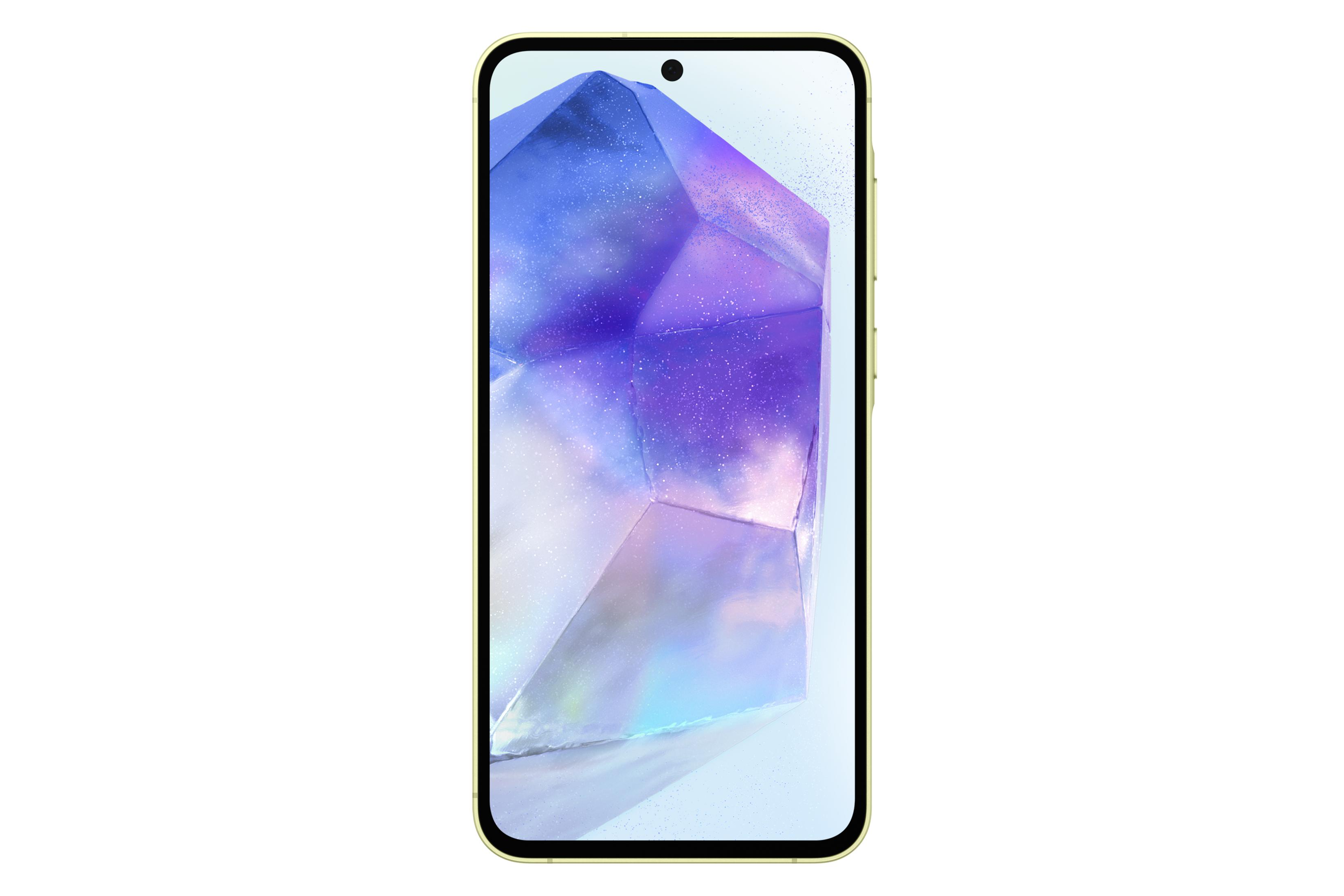 Ein gelbes Smartphone mit einem kristallartigen, violetten und blauen Hintergrundbild.