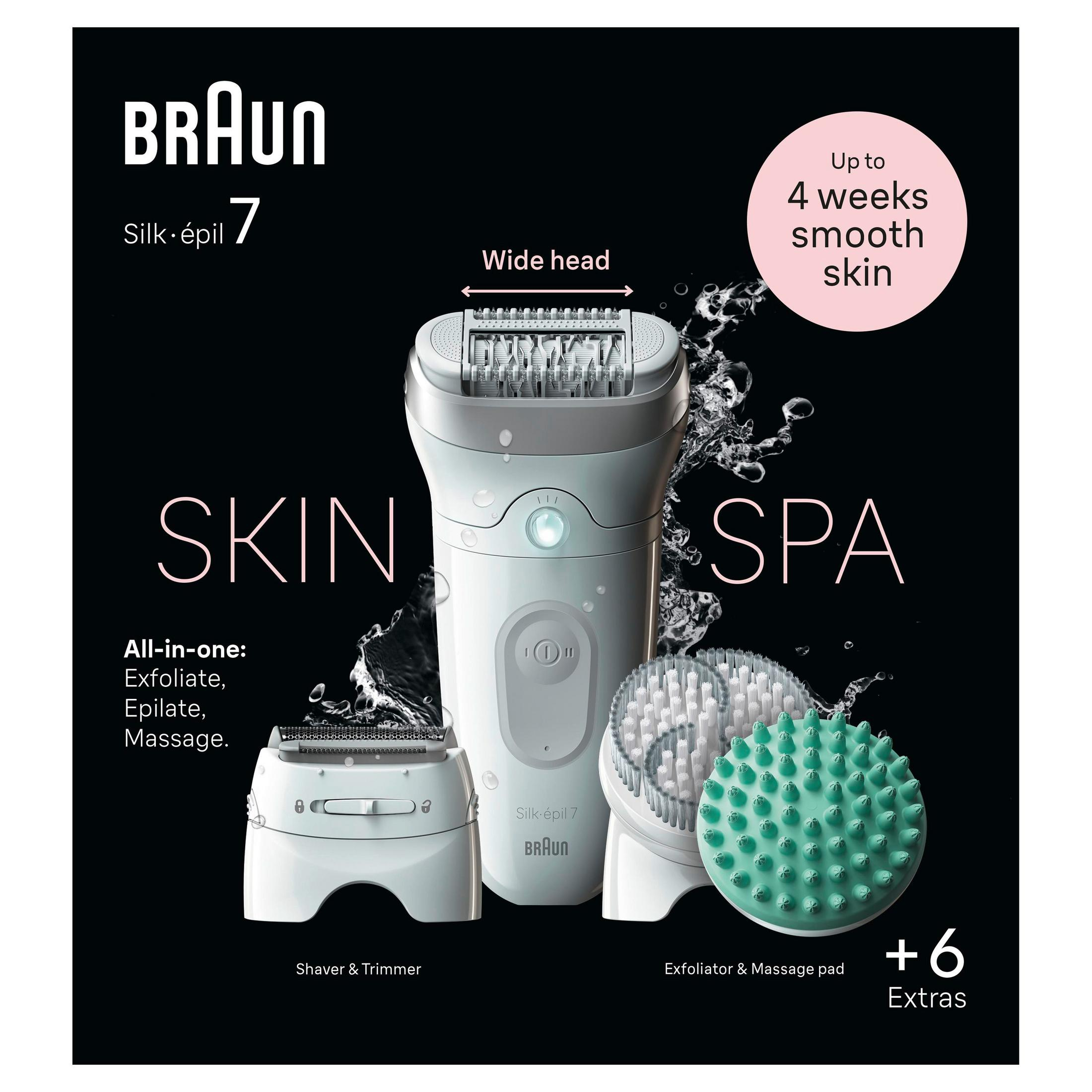 Depilator Braun Silk-épil 7 z szeroką głowicą, nasadką golącą i trymerem, peelingującą i masującą.
