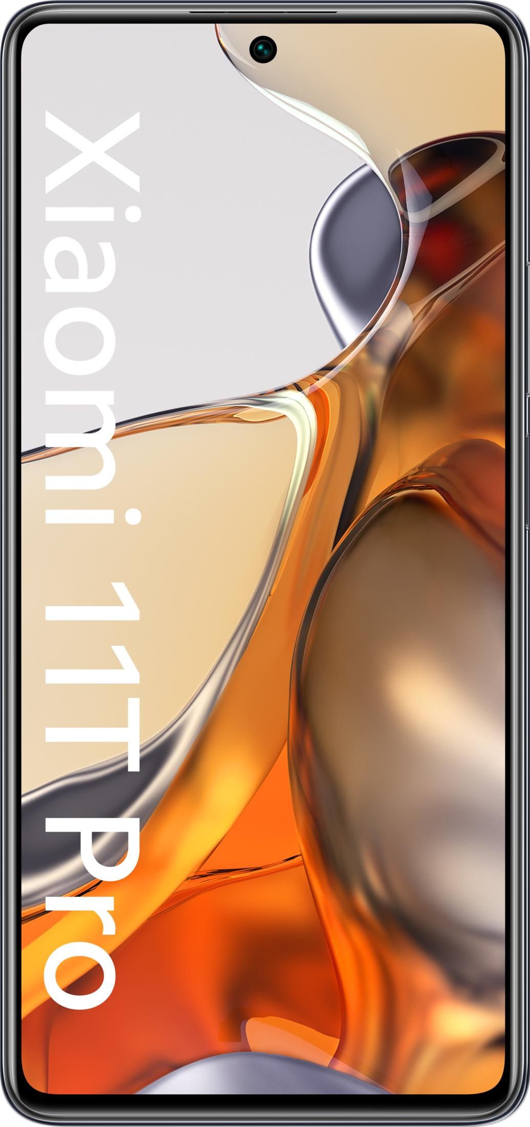Un smartphone que muestra el texto "Xiaomi 11T Pro" sobre un fondo naranja.