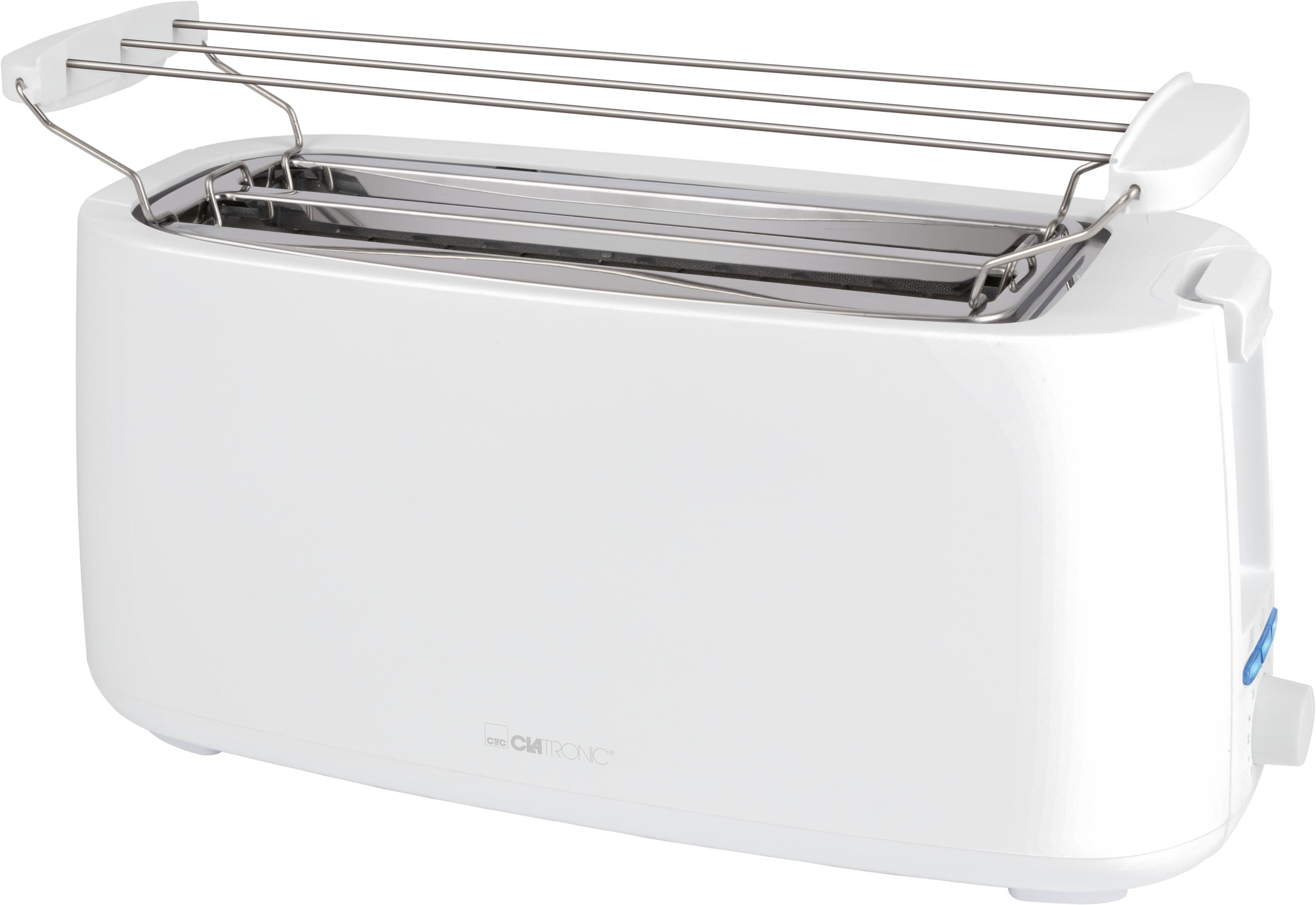 Ein weißer Toaster mit silbernen Hebeln und Bedienelementen.