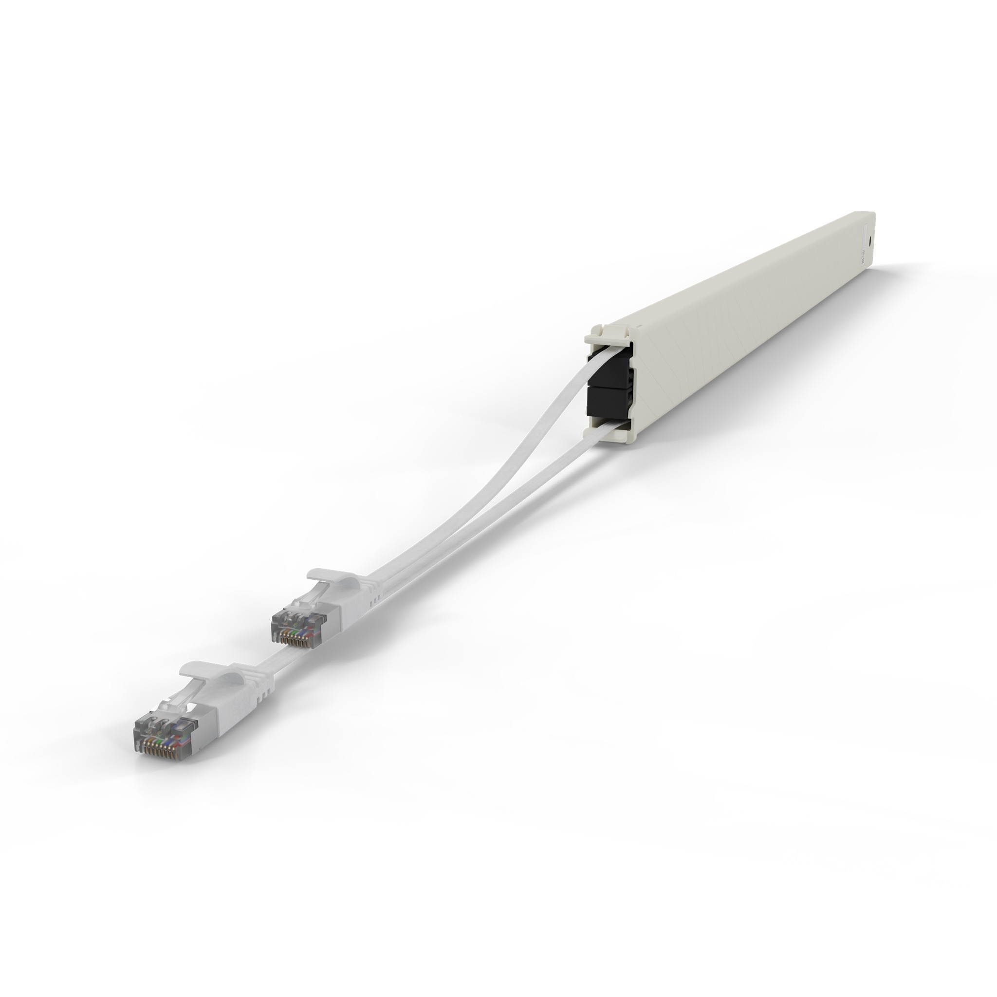 Un dispositivo di gestione cavi bianco con due cavi Ethernet bianchi.