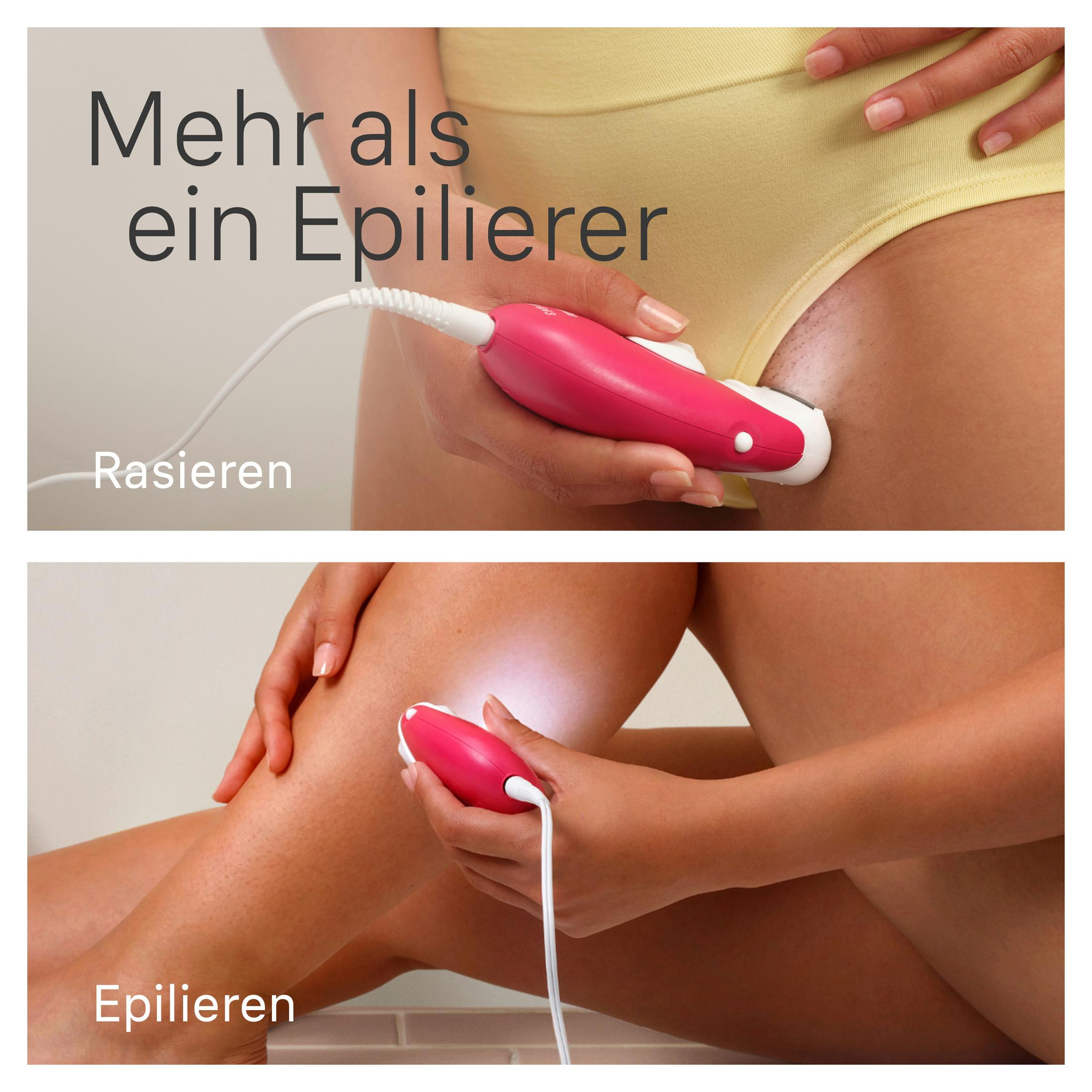 Una mano sostiene un depilador rosa para depilar la zona del bikini. Las piernas se depilan.