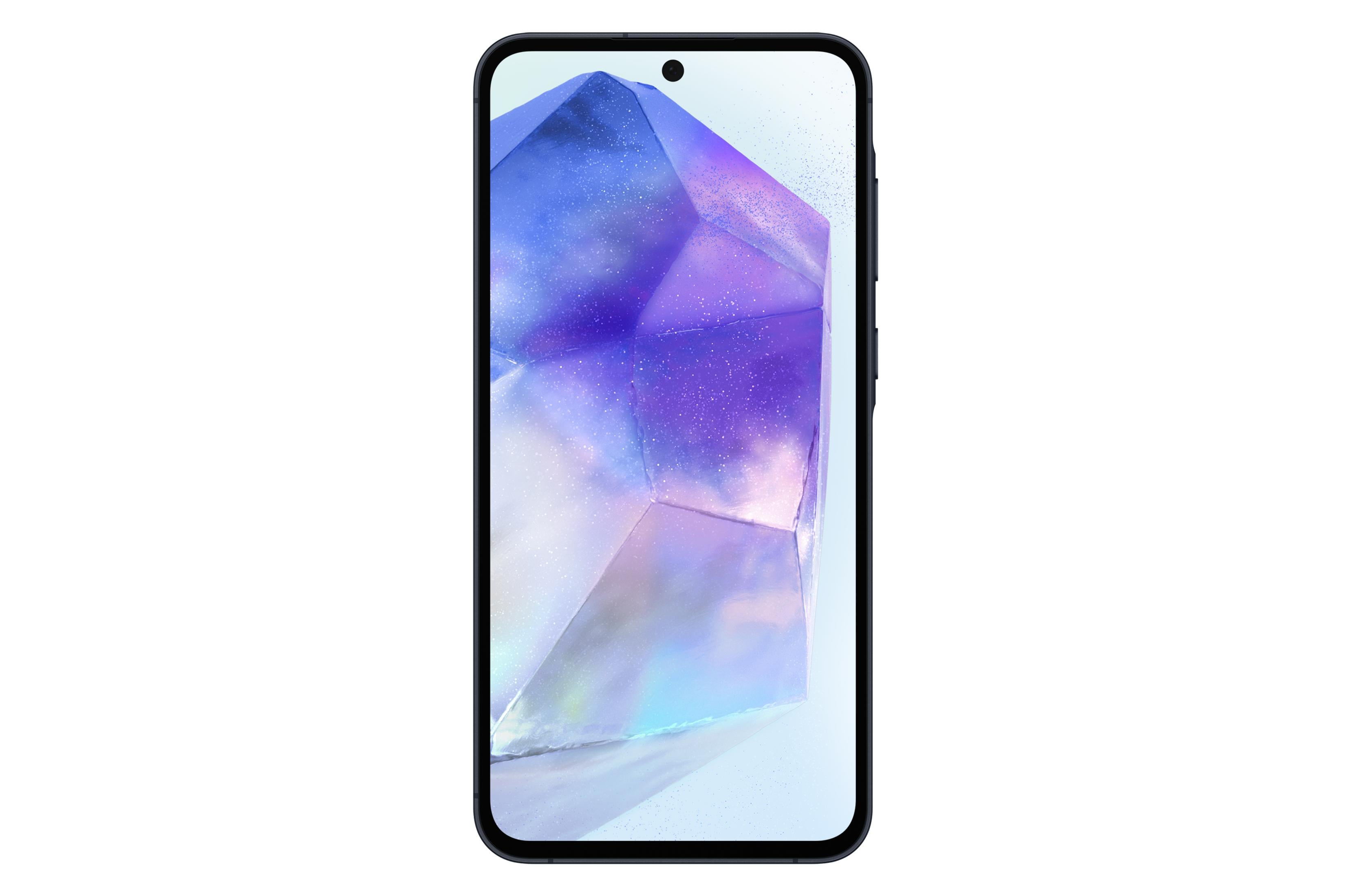 Ein dunkles Smartphone mit einem Hintergrundbild eines violetten Kristalls.