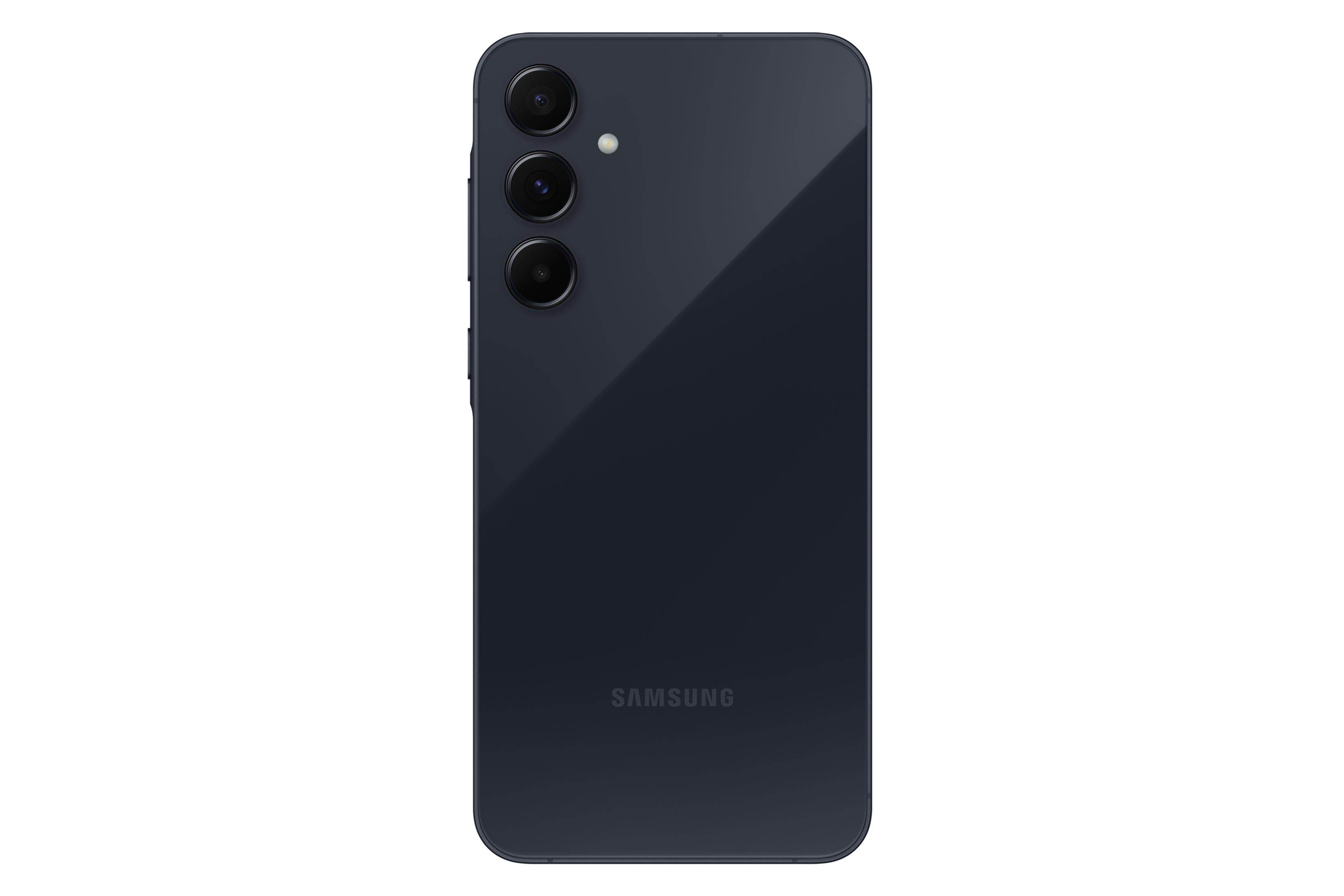 Dunkelblaues Samsung-Smartphone mit drei Kameralinsen und Blitz.