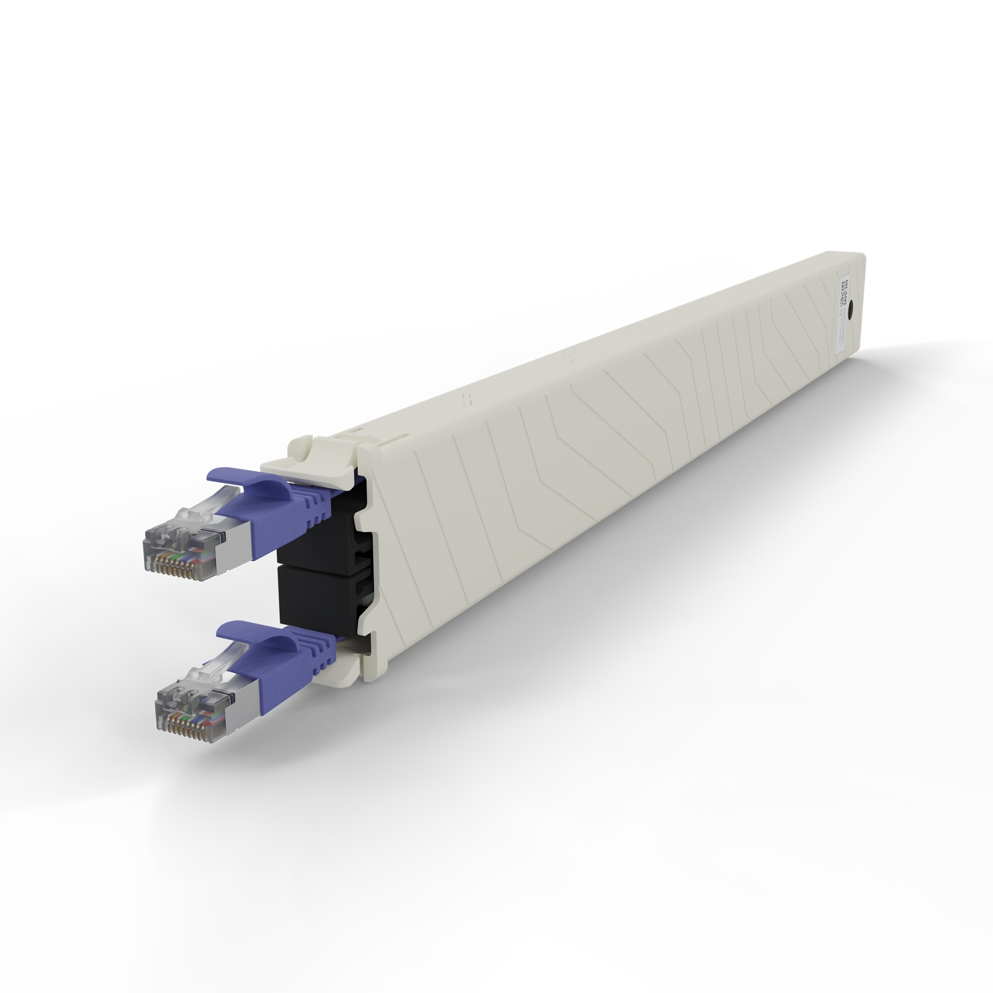 Un connettore beige con due spine RJ45 blu e inserti neri.