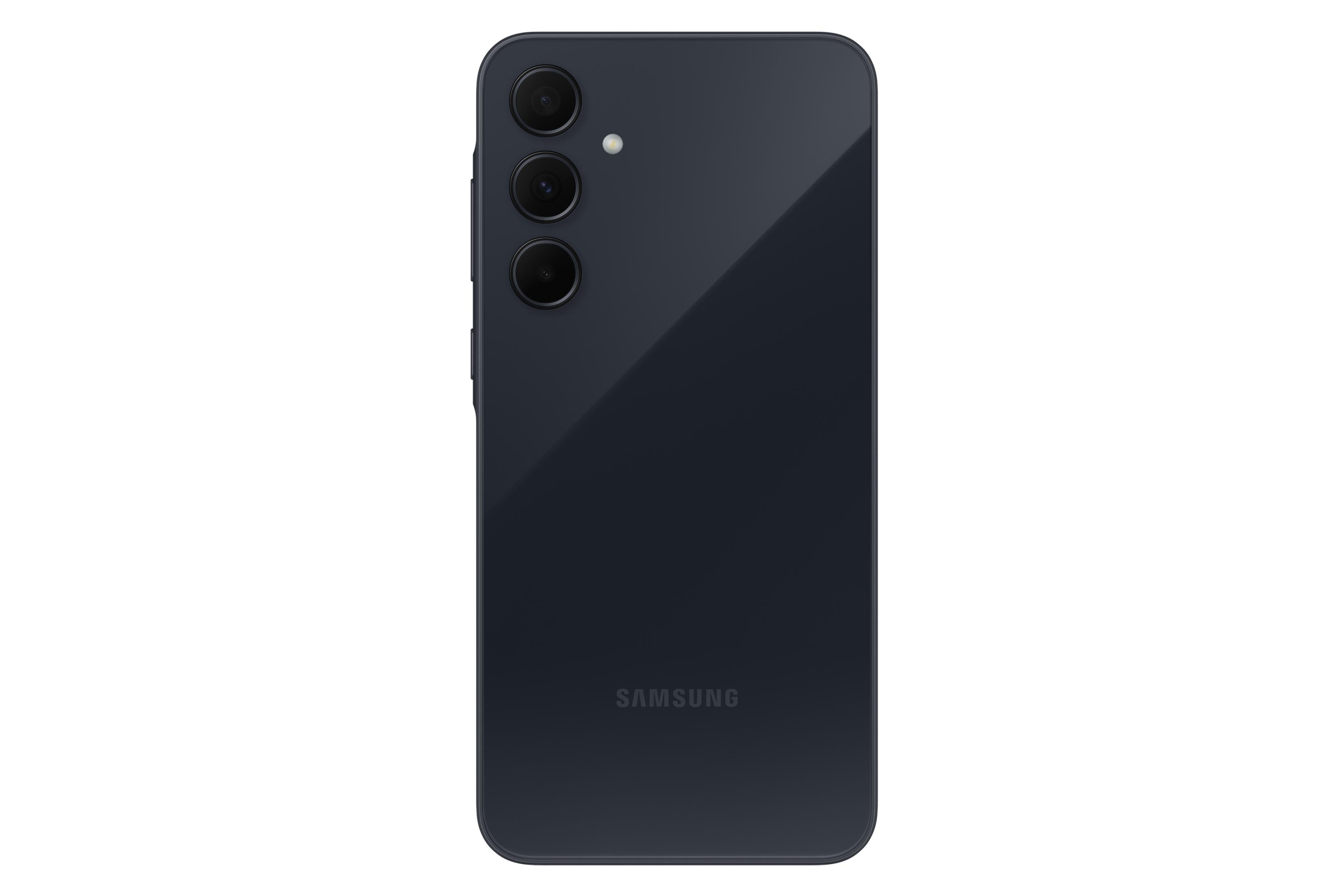 Ciemnoszary smartfon z trzema obiektywami i lampą błyskową w lewym górnym rogu.