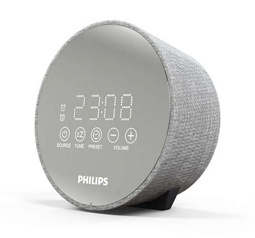 Grijze wekker met digitale weergave 23:08, knoppen en Philips logo.