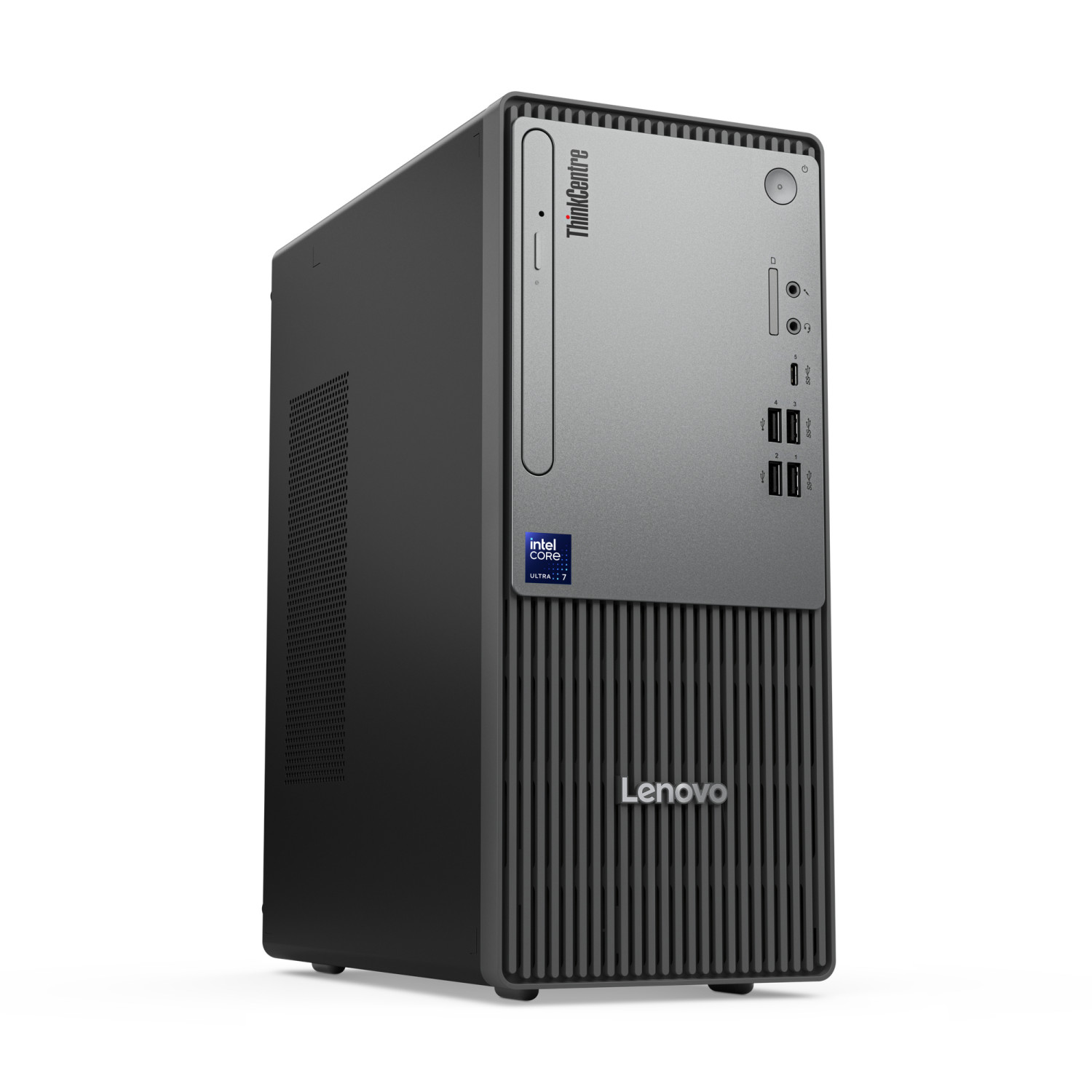 Un elegante PC Lenovo ThinkCentre negro con panel frontal plateado y pegatina Intel Core.