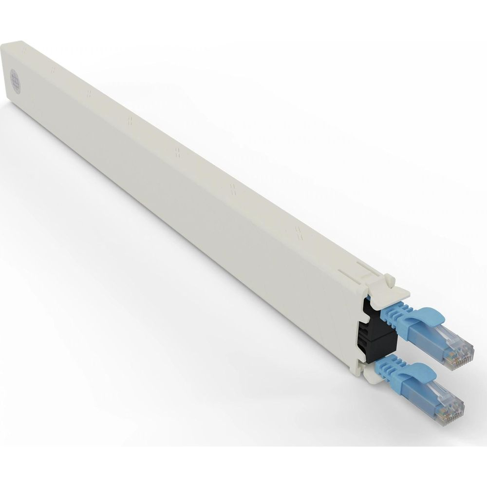 Canalina bianca per la gestione dei cavi con due connettori RJ45 blu.