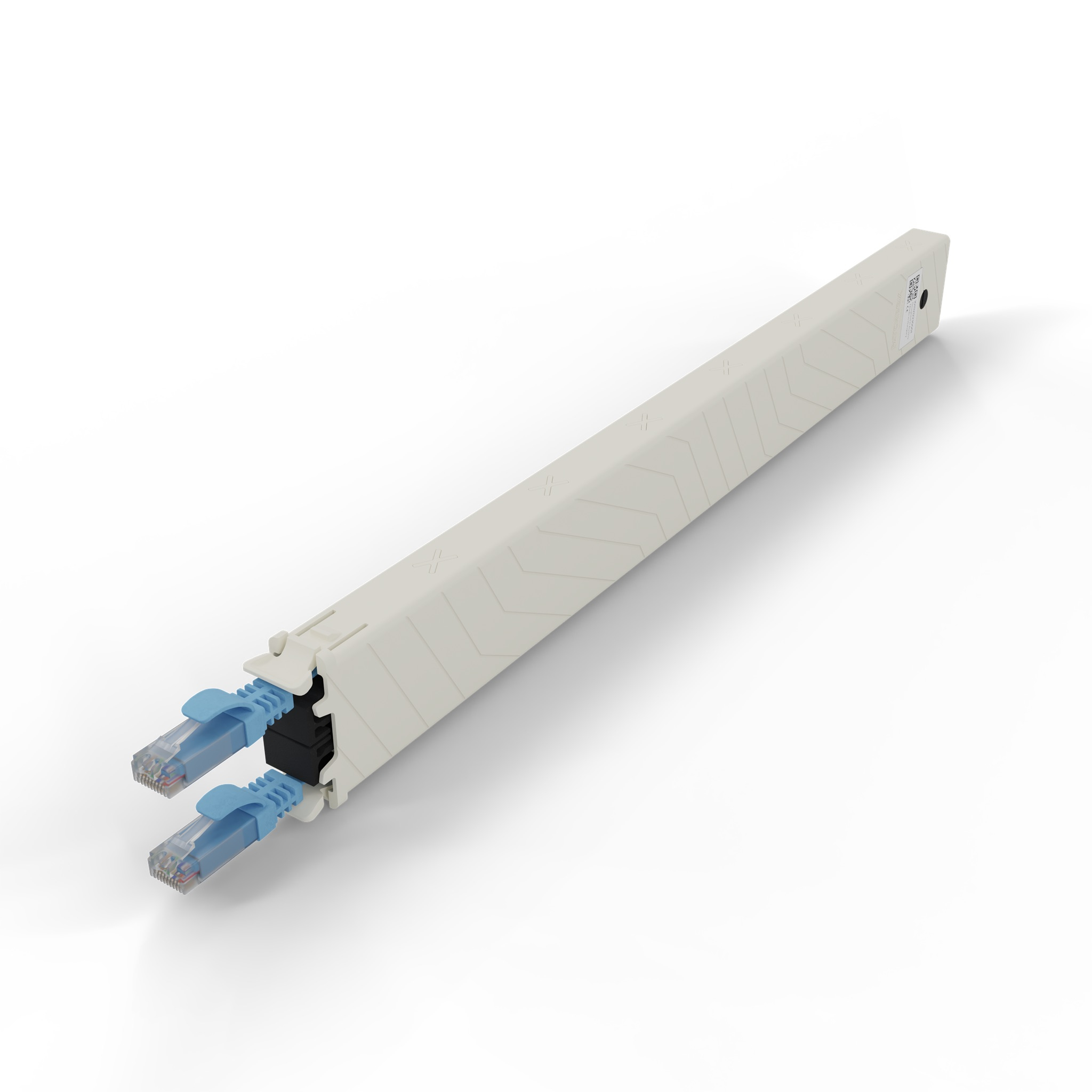 Un canale per cavi beige con due connettori Ethernet blu.