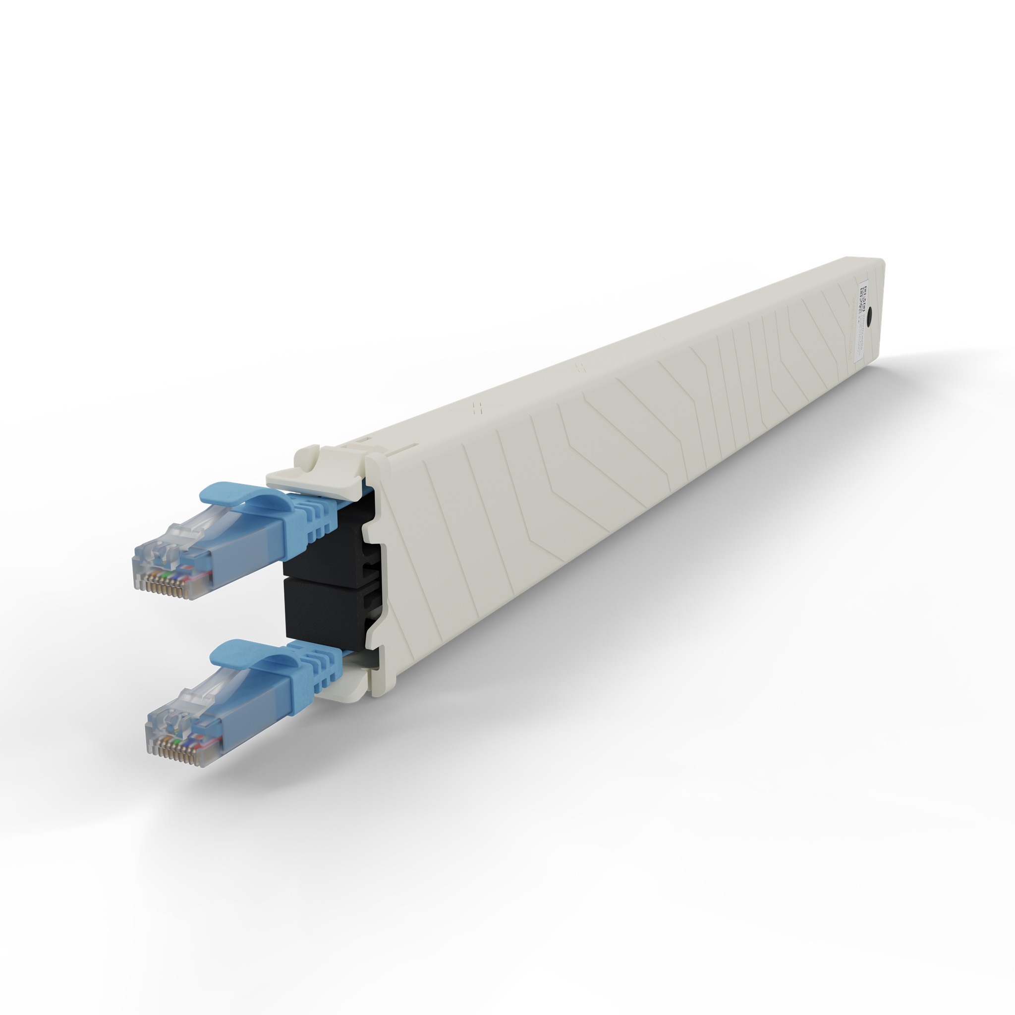 Un canale passacavi beige con due connettori Ethernet blu.