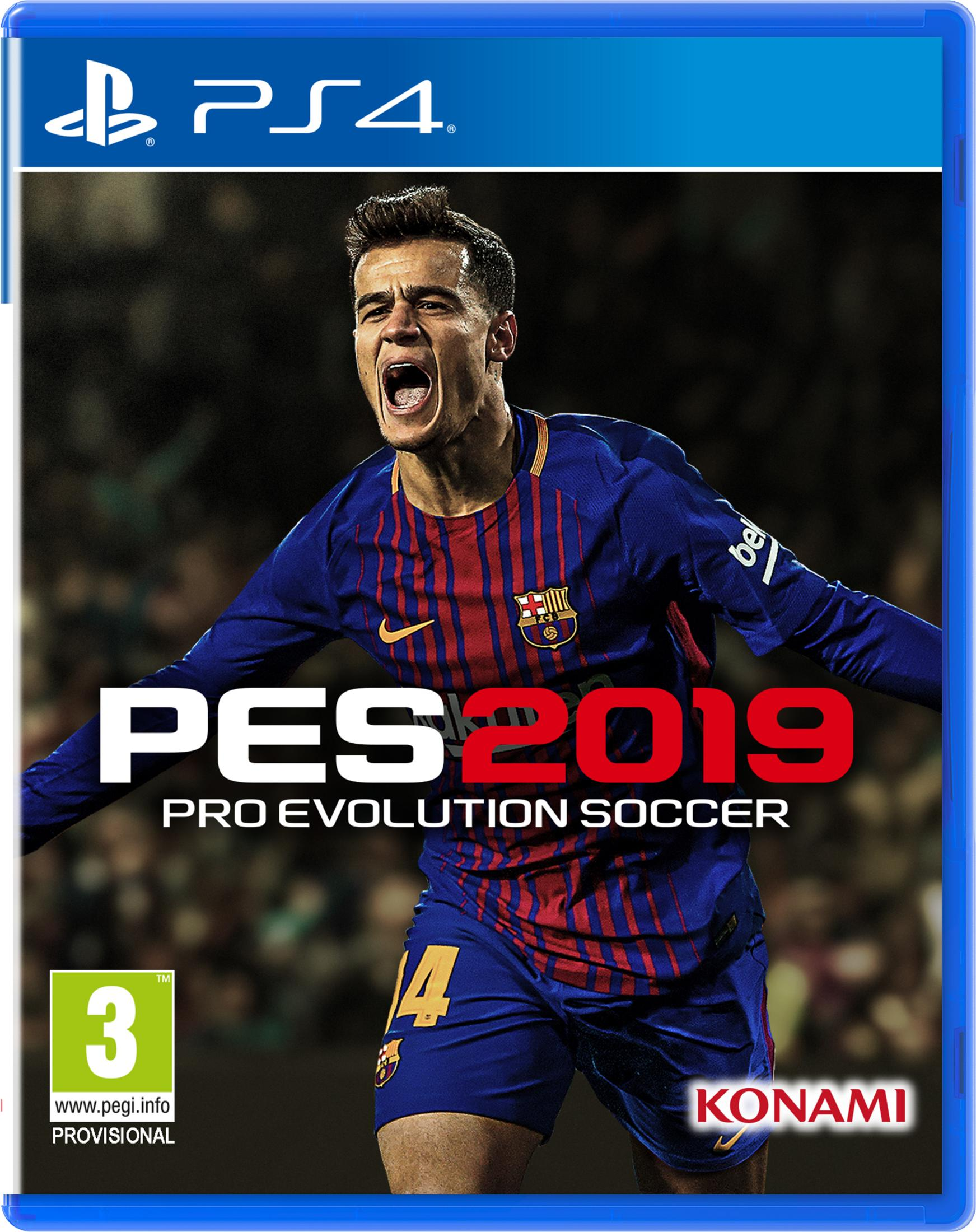 Copertina del gioco PES 2019 con calciatore in tenuta blu e rossa.