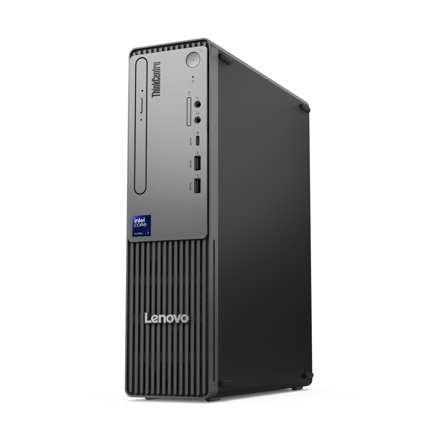Un PC de escritorio Lenovo ThinkCentre con procesador Intel Core Ultra 7 sobre fondo blanco.