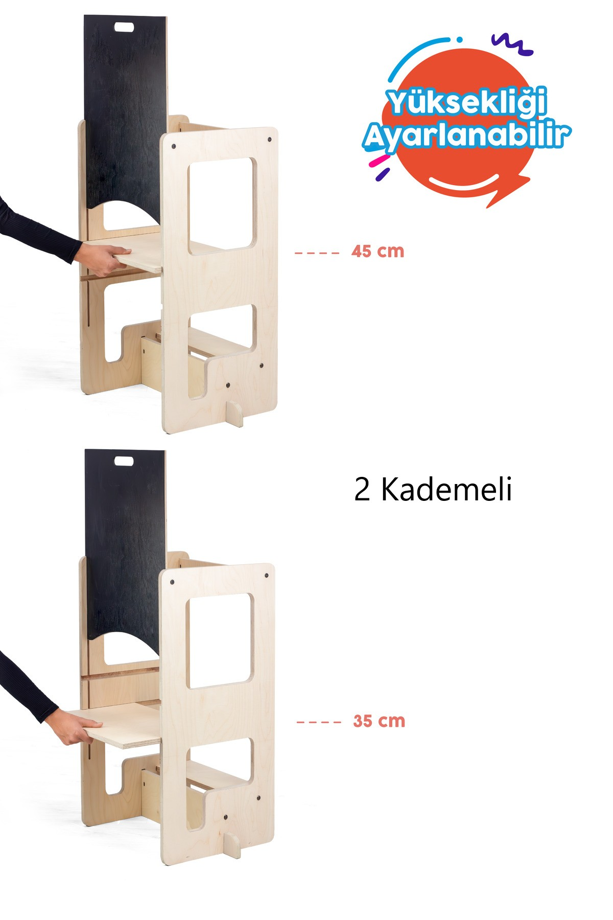 Yan yana iki ahşap öğrenme kulesi, biri 45cm, diğeri 35cm yükseklikte.