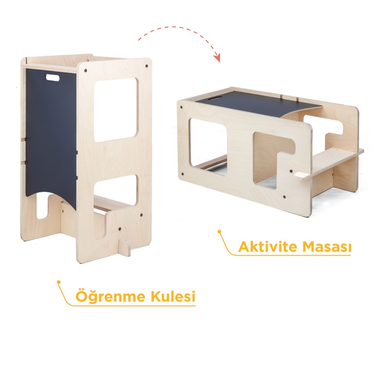 Beyaz arka plan üzerinde ahşap öğrenme kulesi ve aktivite masası.