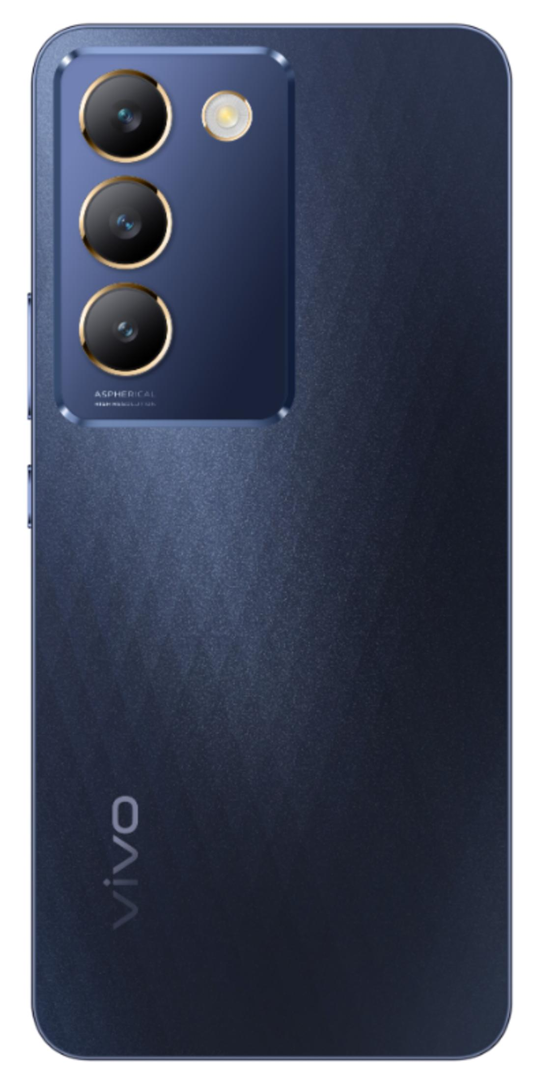Dunkelblaues Smartphone mit drei Kameras und Blitz auf der Rückseite.