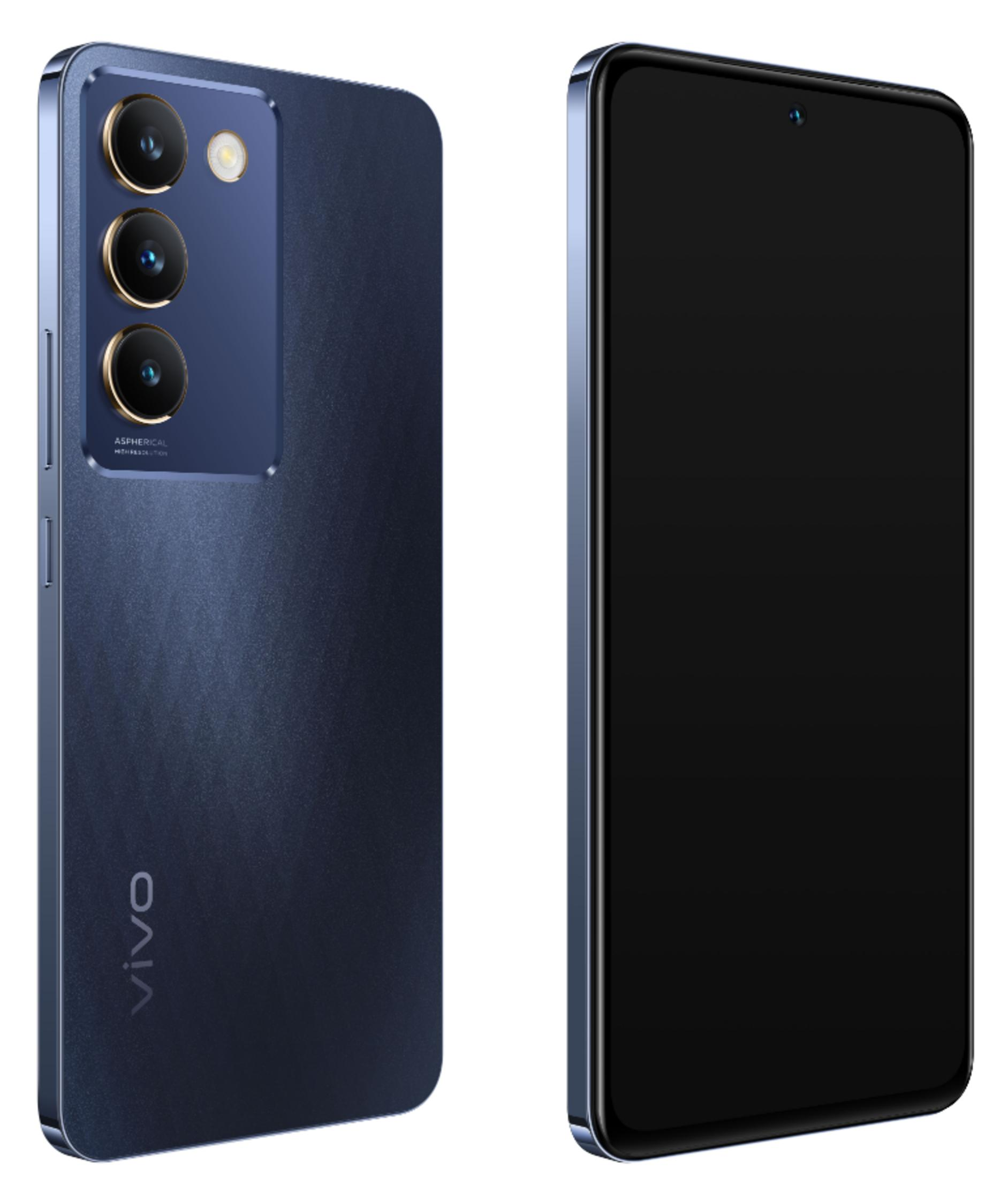 Dunkelblaues Smartphone mit drei Kameras auf der Rückseite und einem dunklen Bildschirm.
