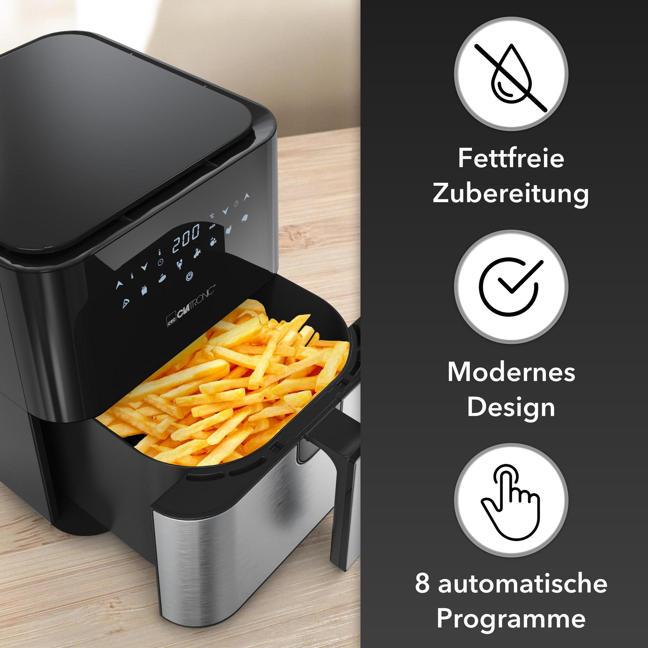 Czarna frytkownica beztłuszczowa z frytkami i ikonami, nowoczesny design, 8 programów.