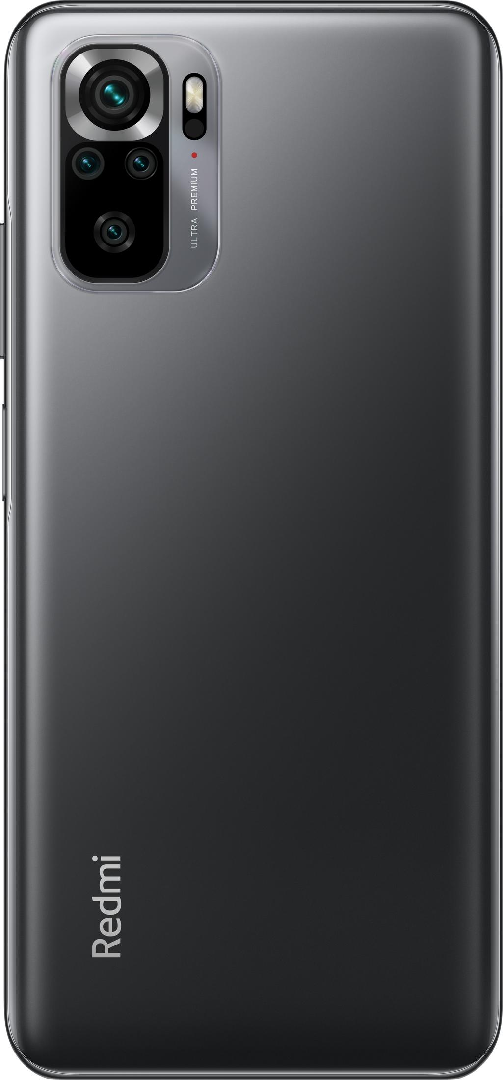 Rückseite eines grauen Smartphones mit vier Kameras und dem Redmi-Logo.