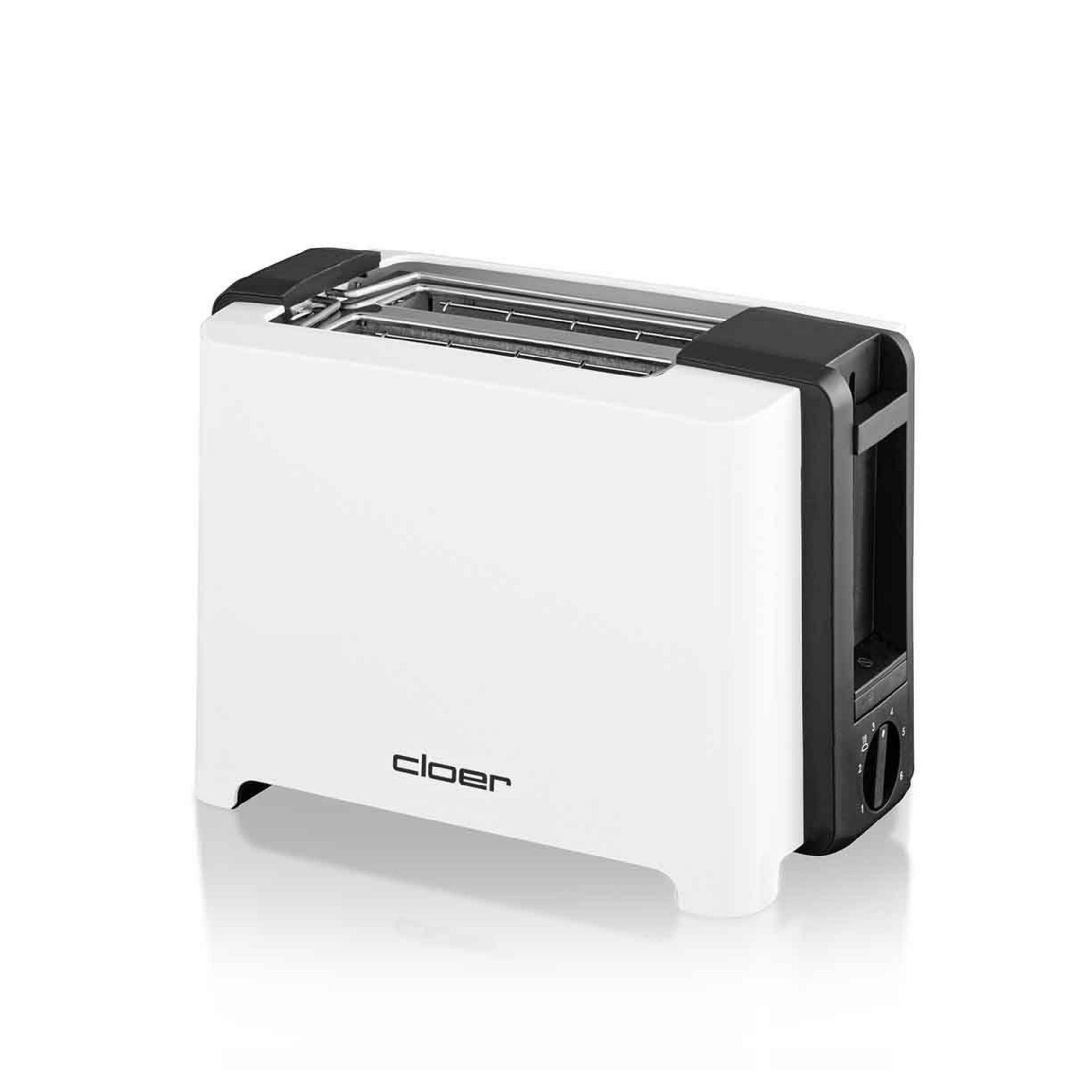 Ein weißer Toaster mit schwarzen Akzenten und einem Drehregler steht auf einem weißen Hintergrund.