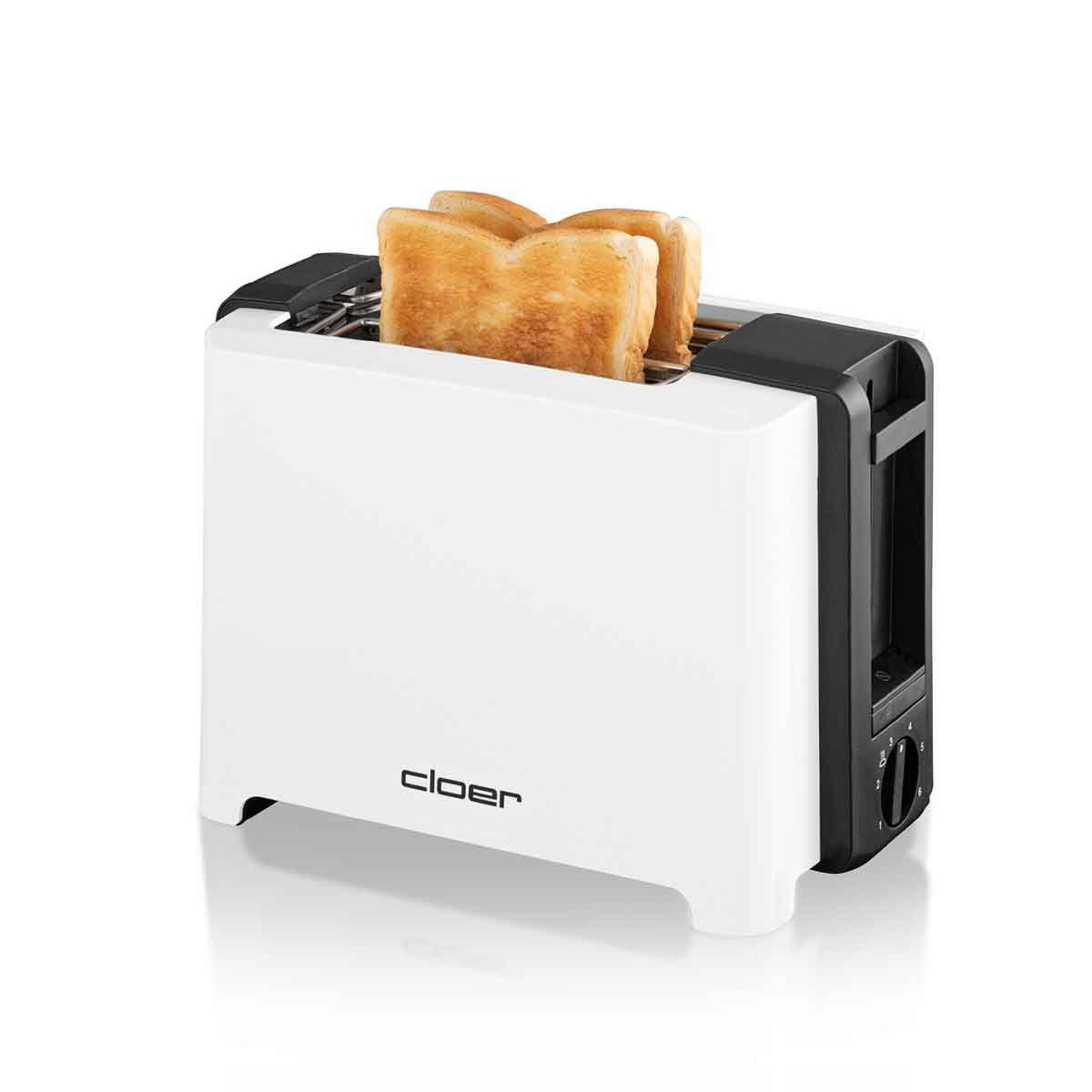 Ein weißer Toaster mit zwei goldbraunen Toastbrotscheiben.