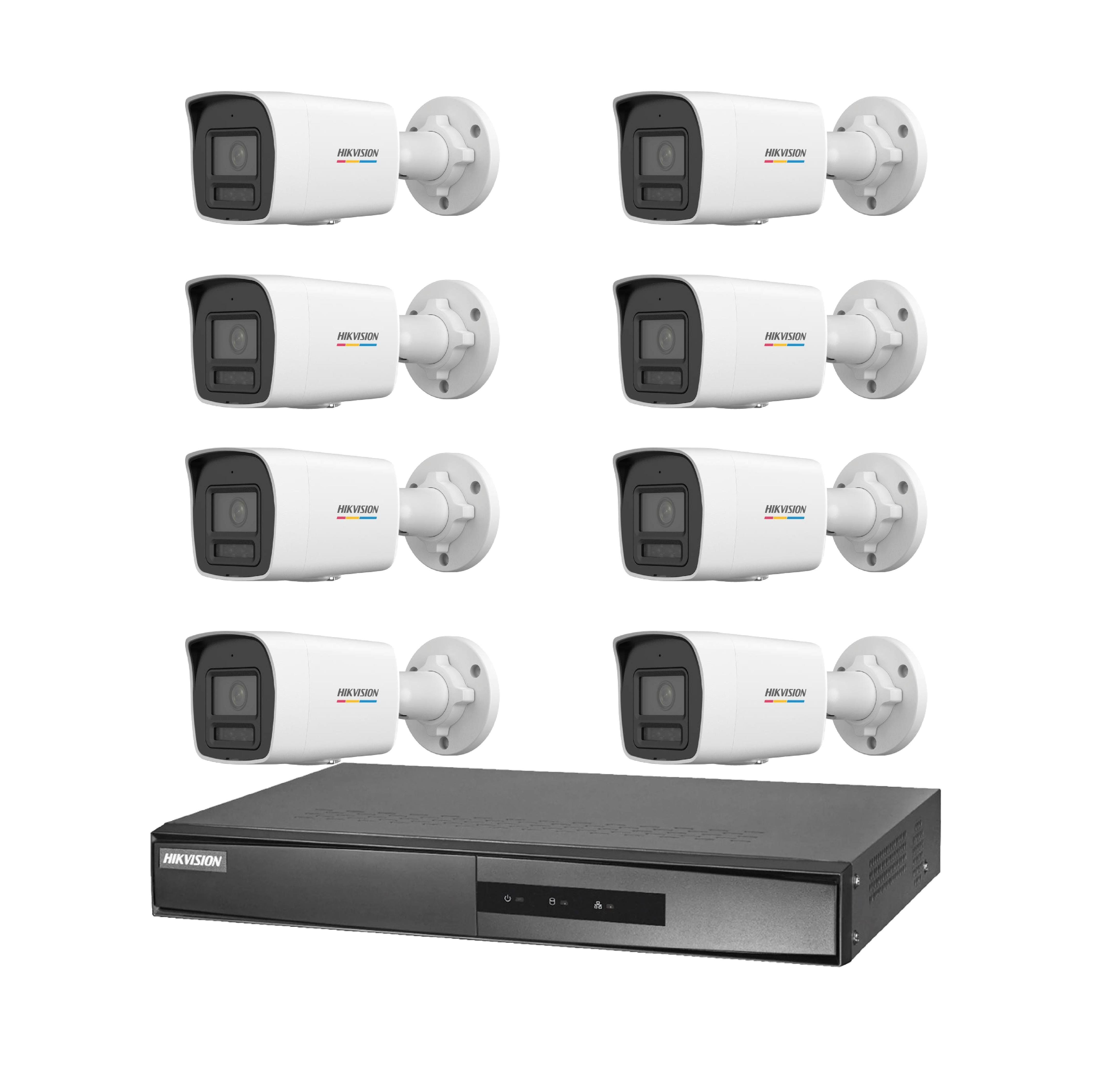 Yedi beyaz Hikvision kamera ve beyaz arka plan üzerinde siyah DVR kayıt cihazı.