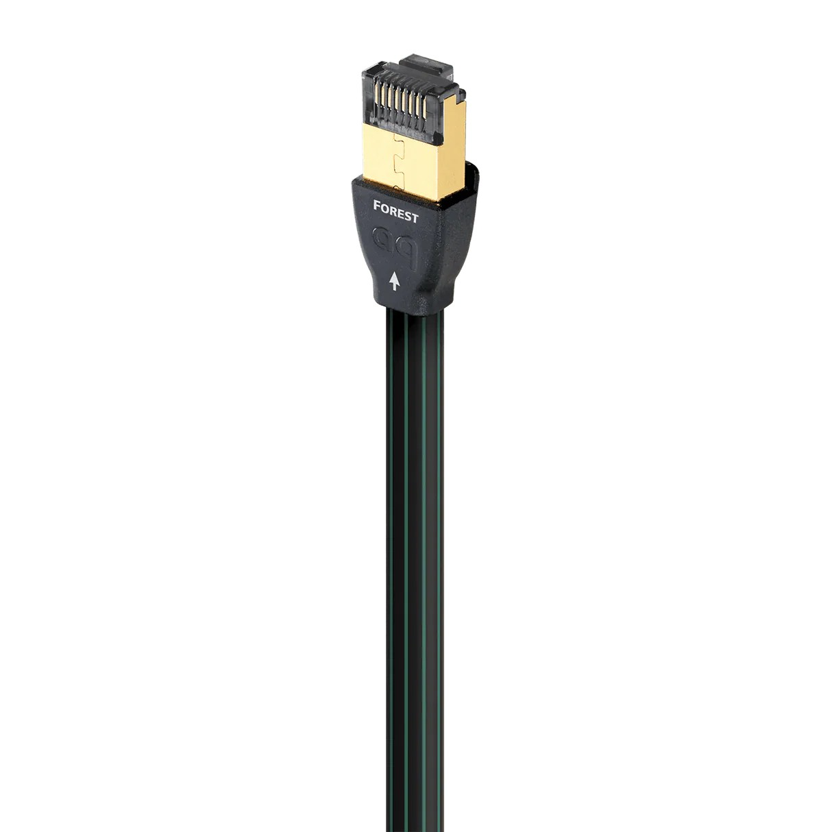 Altın RJ45 konektörlü ve yeşil şeritli siyah Ethernet kablosu.