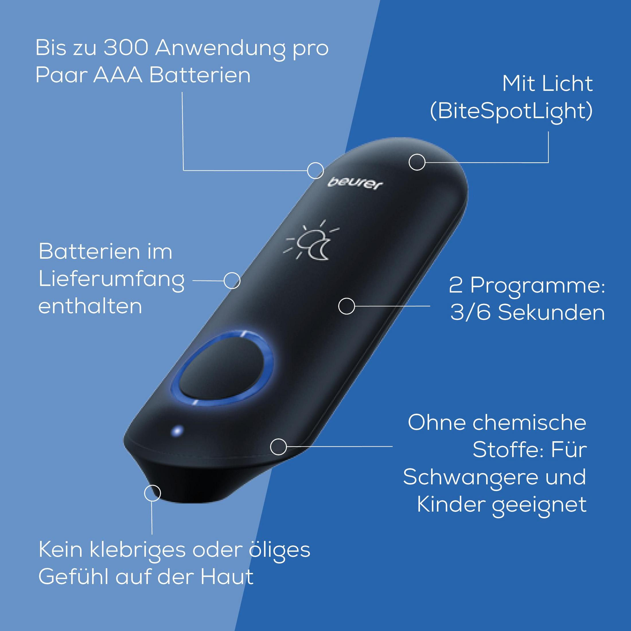 Schwarzes Beurer Gerät mit Licht, 2 Programmen, AAA Batterien.