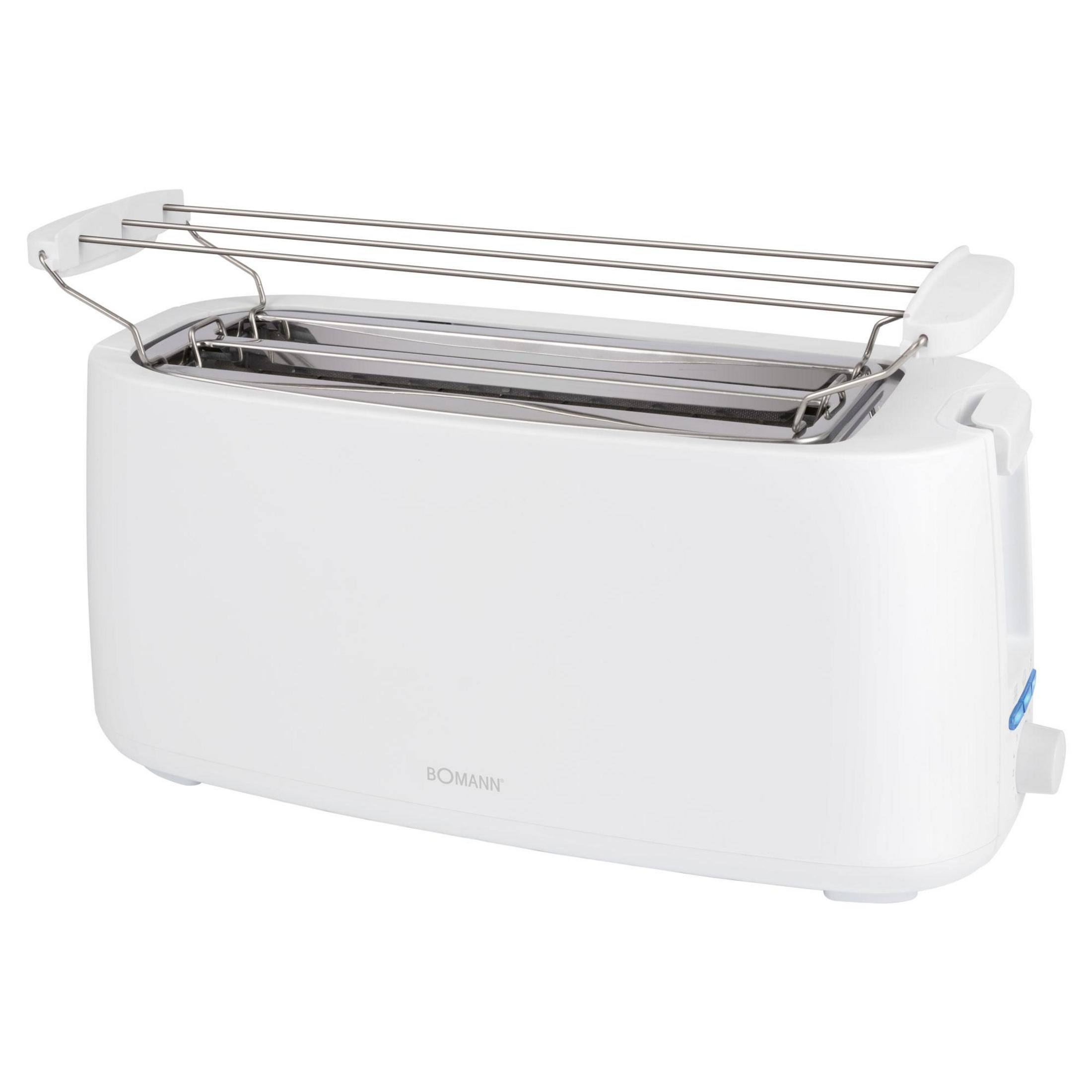 Ein weißer Bomann Toaster mit einem integrierten Brotwärmer-Einsatz aus Metall.