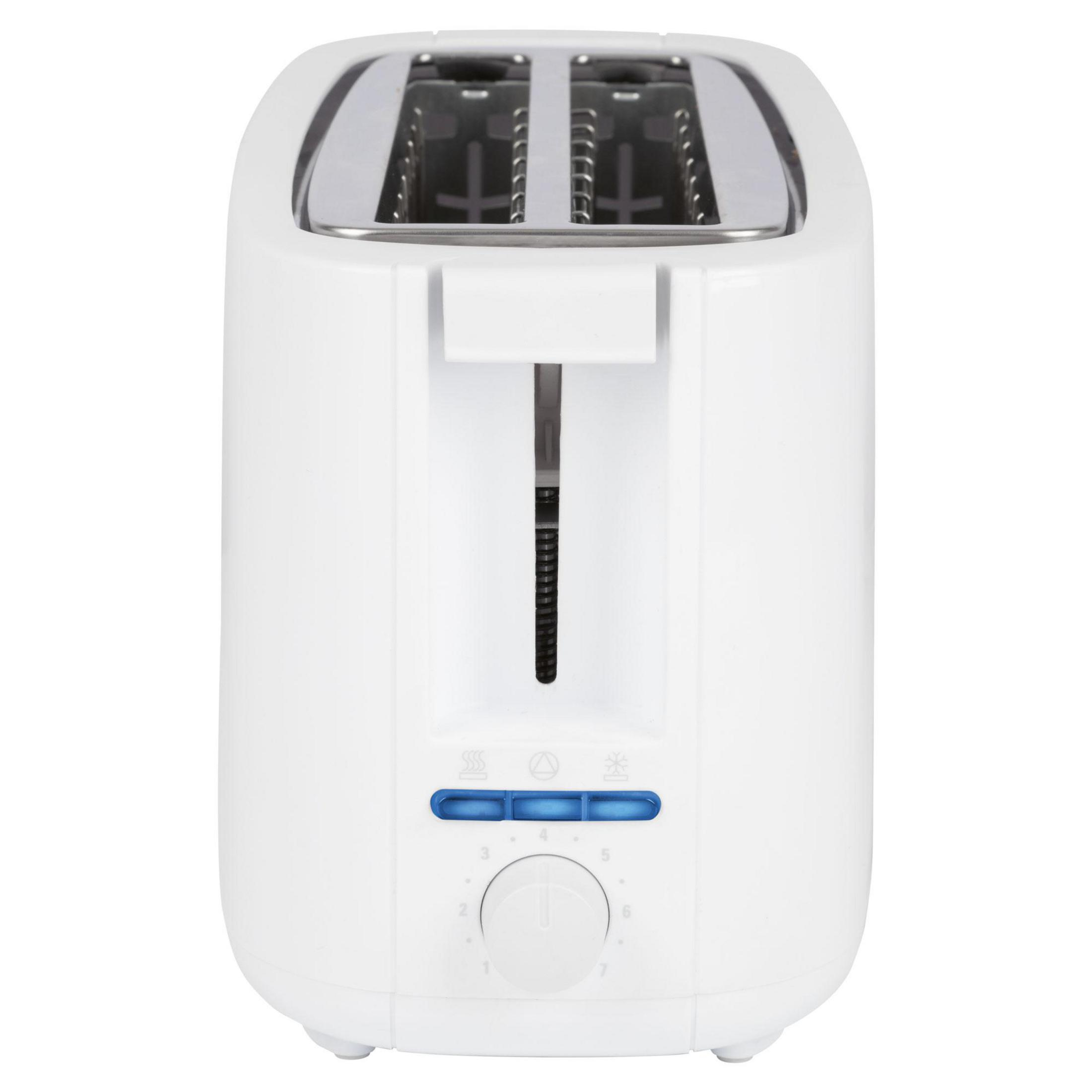 Ein weißer Toaster mit zwei Schlitzen und einem Steuerknopf.