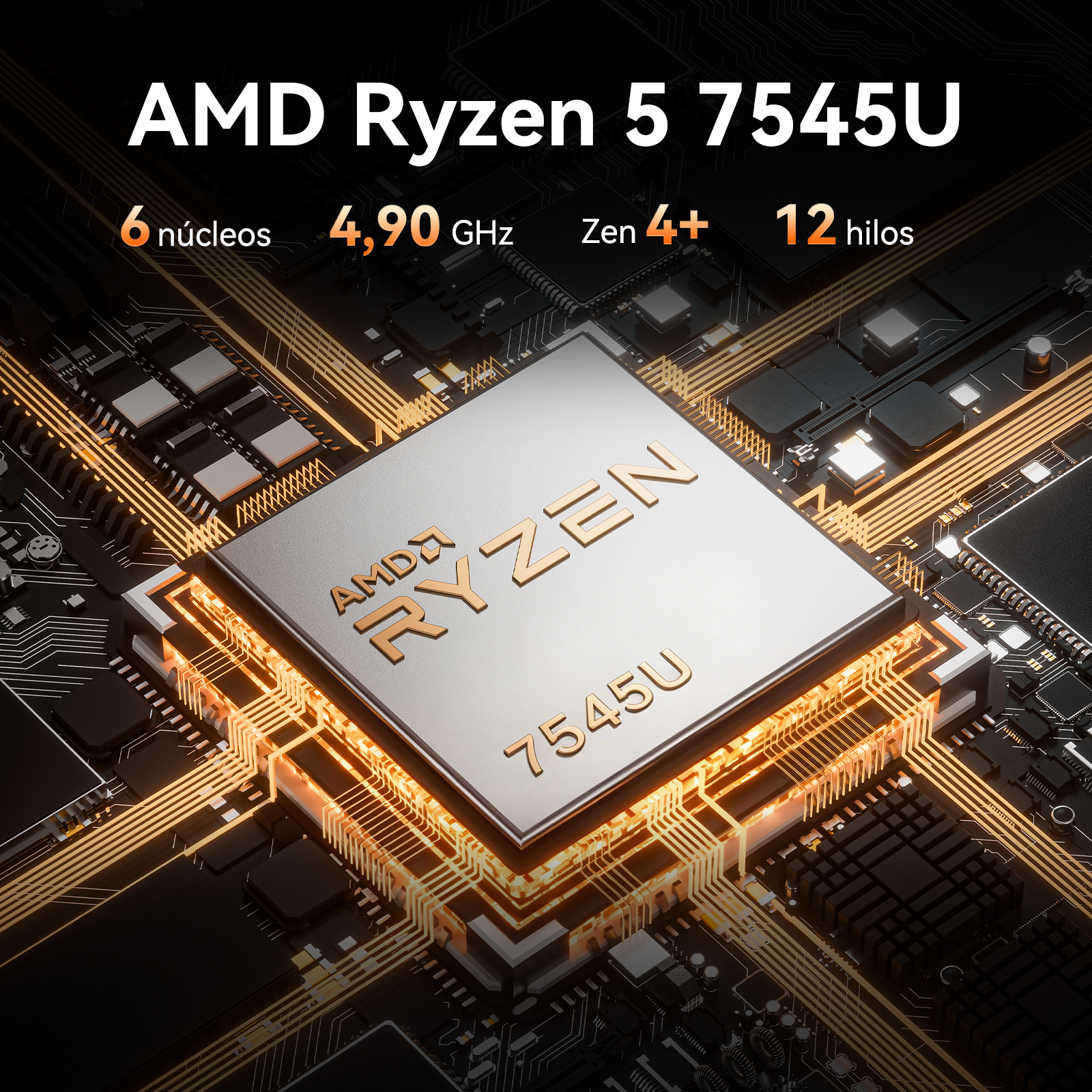CPU AMD Ryzen 5 7545U: 6 núcleos, 4.90 GHz, Zen 4+, 12 hilos.