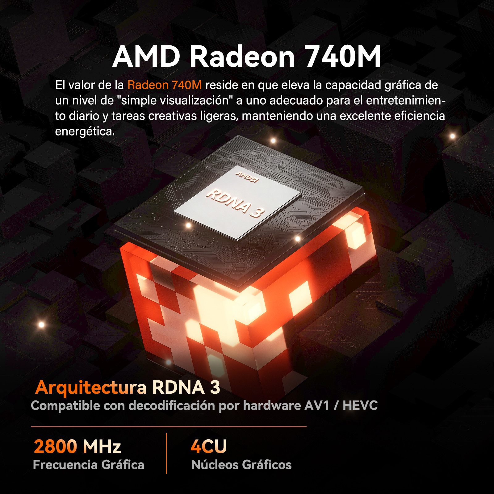 Imagen de un chip AMD Radeon 740M con arquitectura RDNA 3.