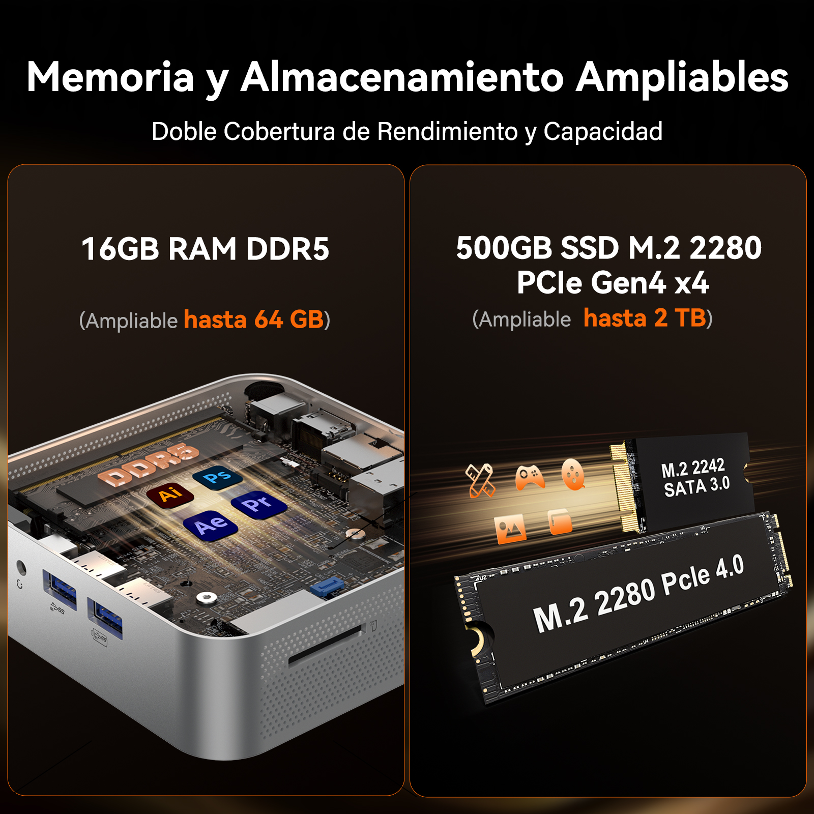 Componentes internos de PC: 16 GB RAM DDR5 y SSD de 500 GB. Iconos de software.
