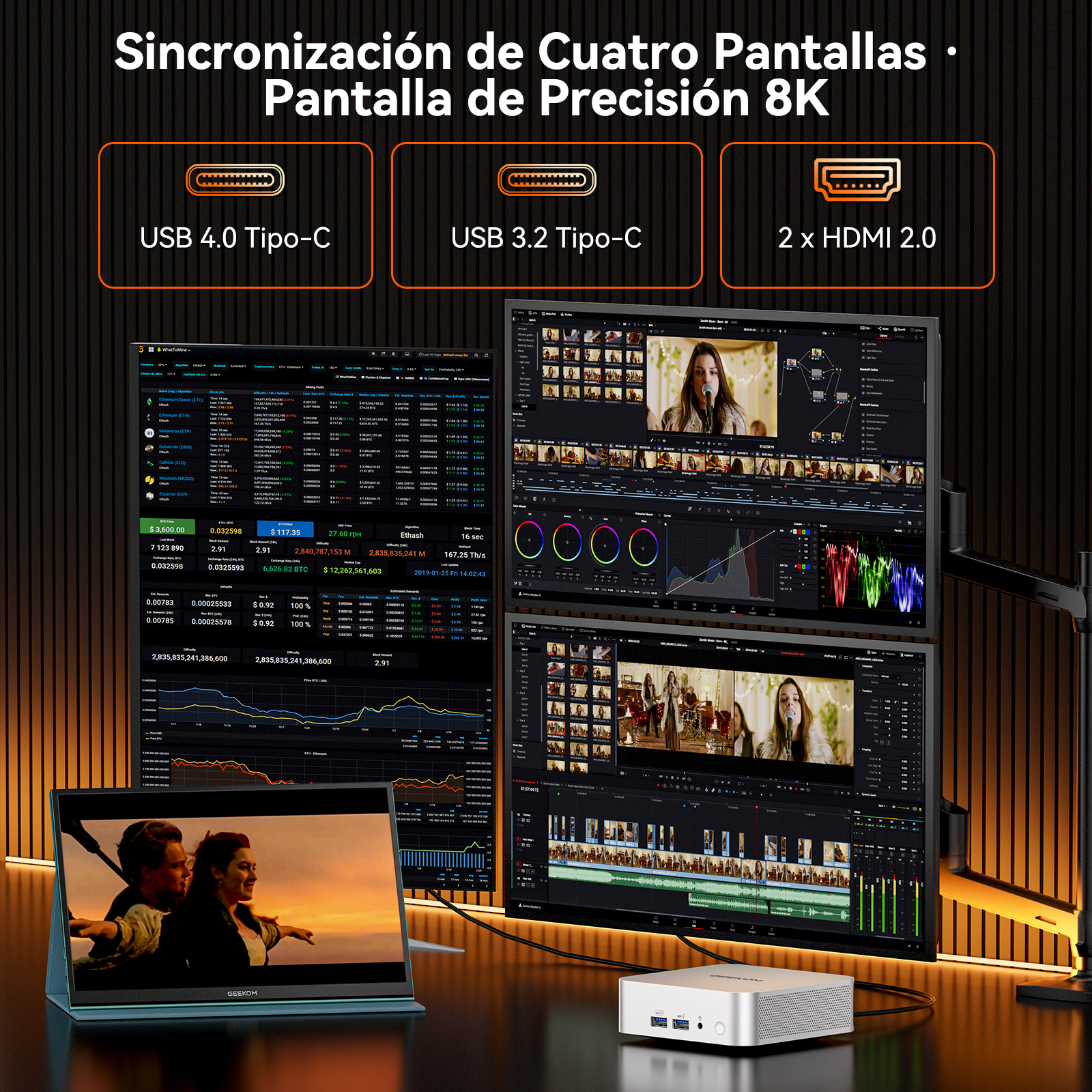Cuatro pantallas de precisión 8K: USB 4.0, USB 3.2, 2x HDMI 2.0.