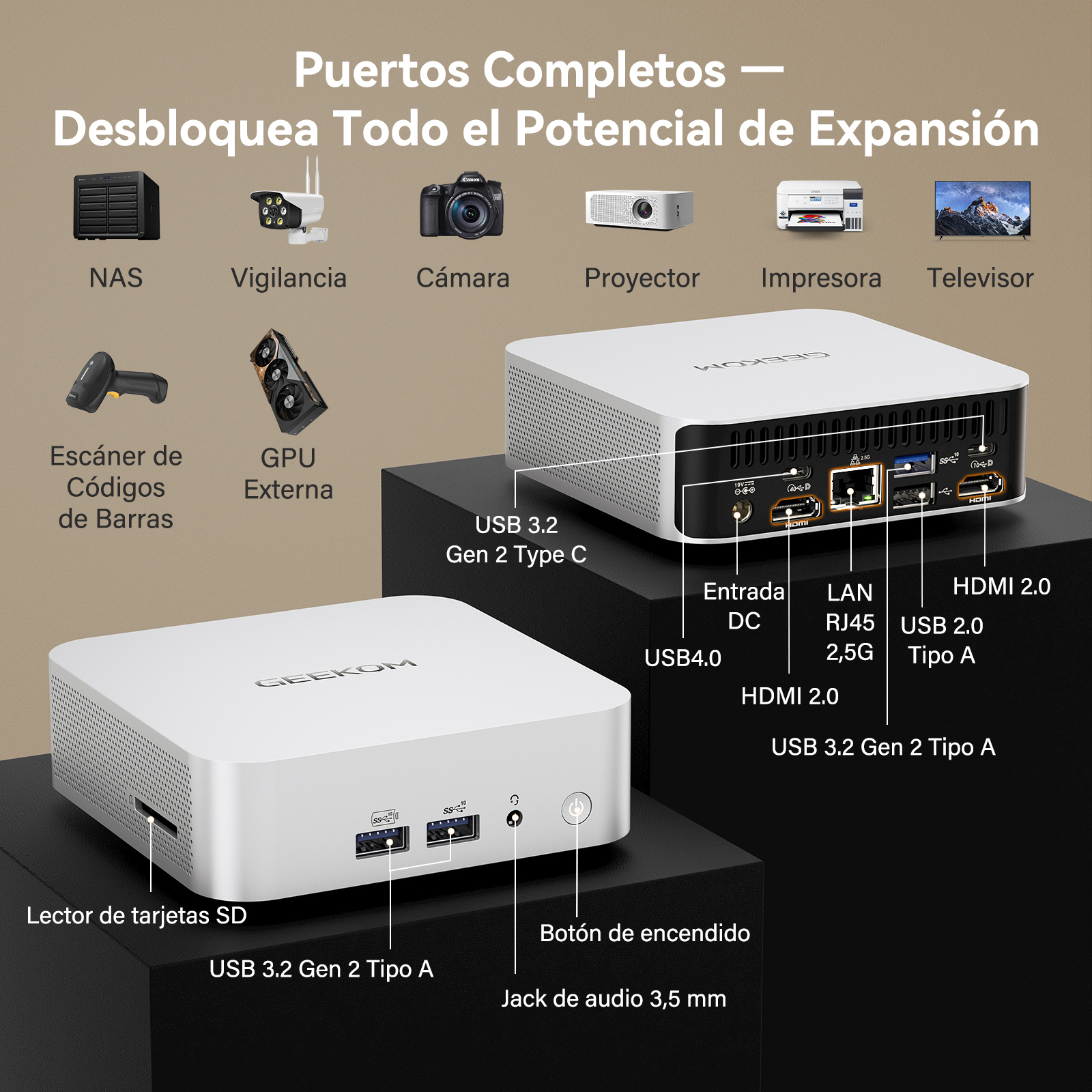 Ilustración muestra mini PCs GEEKOM con varios puertos y accesorios.