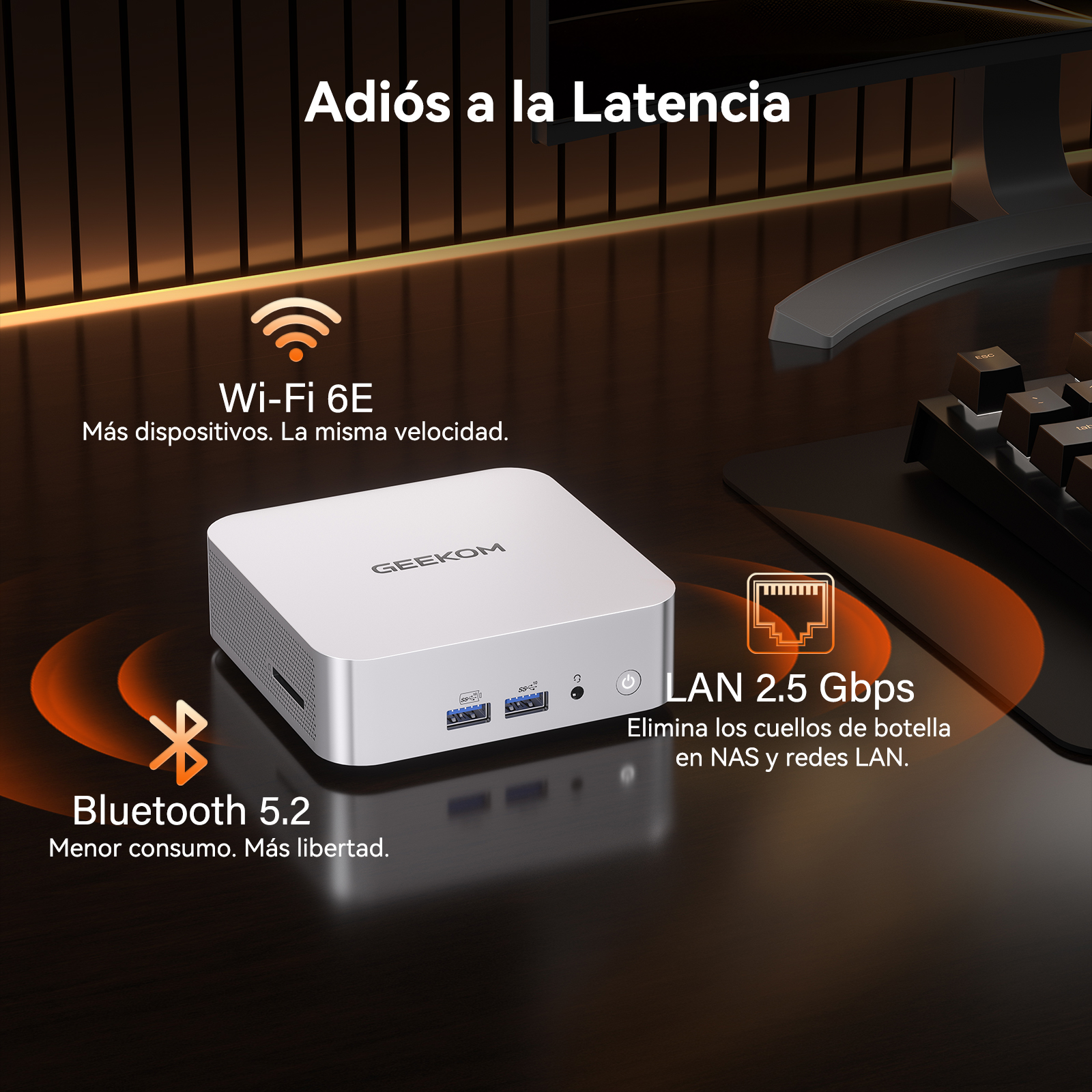 Un Mini PC GEEKOM con Wi-Fi 6E, Bluetooth 5.2 y LAN de 2.5 Gbps.