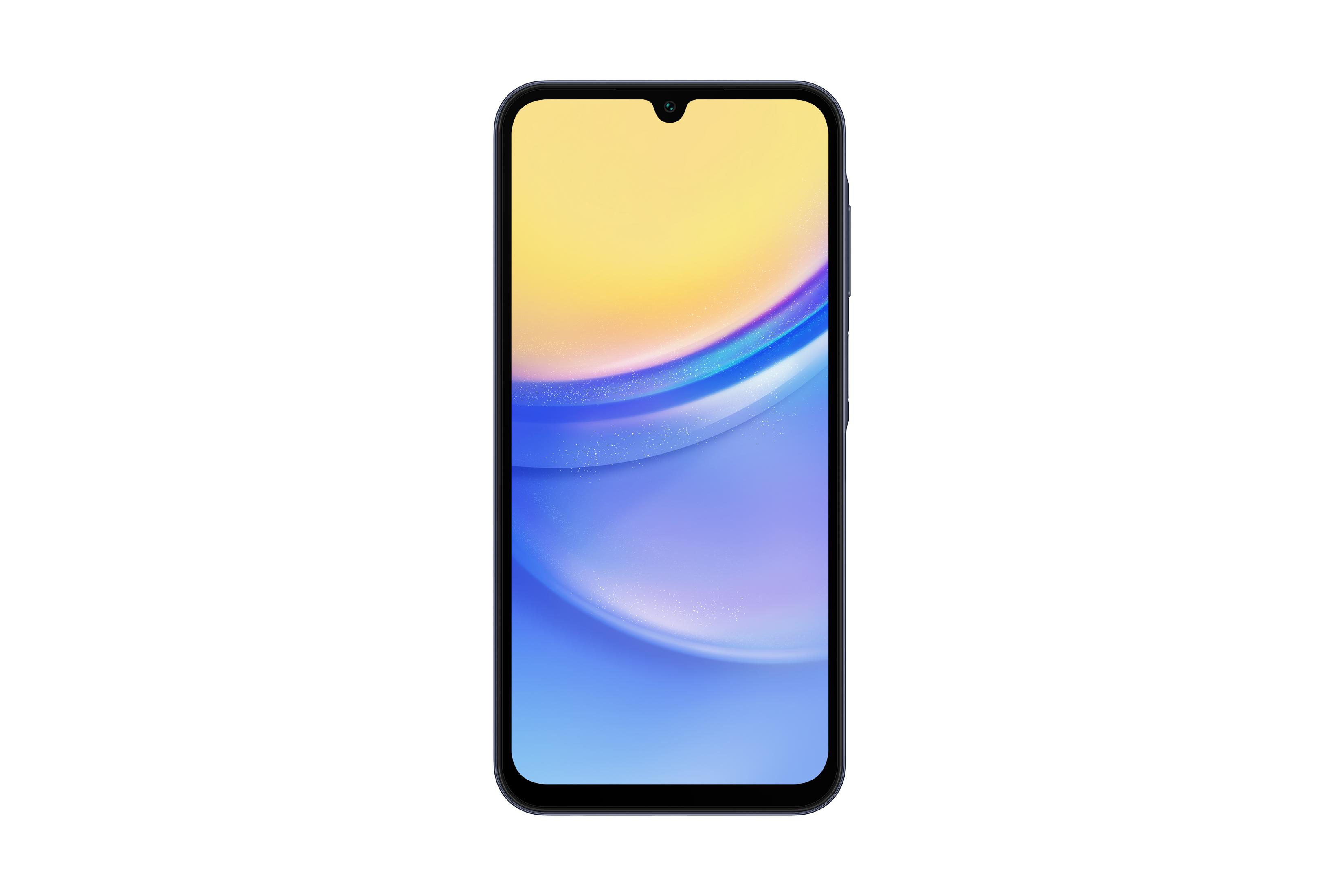 Ciemny smartfon z wycięciem w kształcie kropli wody na aparat, na białym tle.