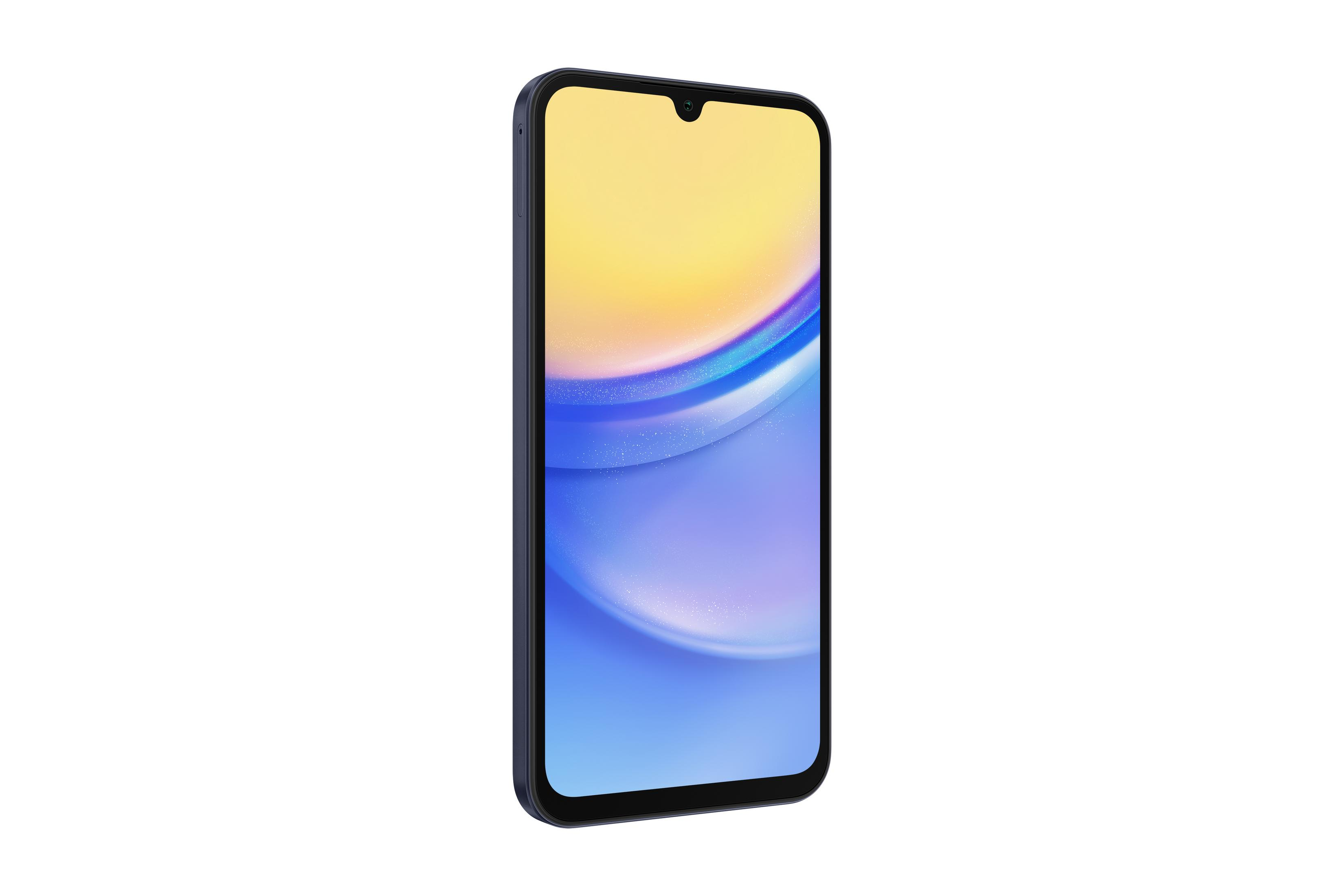 Ciemnoniebieski smartfon z wycięciem w kształcie kropli i gradientem na ekranie.