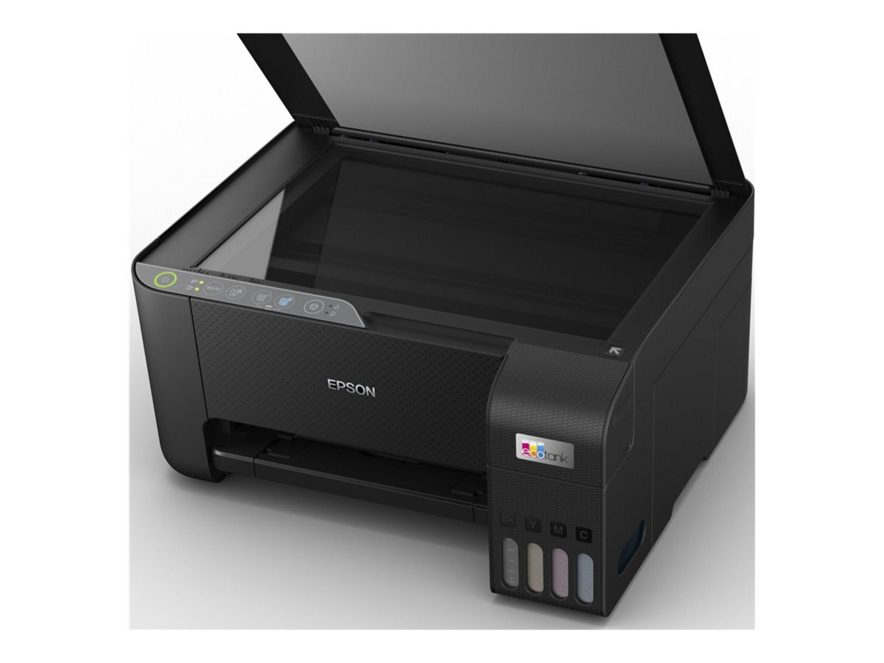 Czarna drukarka Epson EcoTank z otwartą pokrywą skanera i widocznymi zbiornikami na tusz.