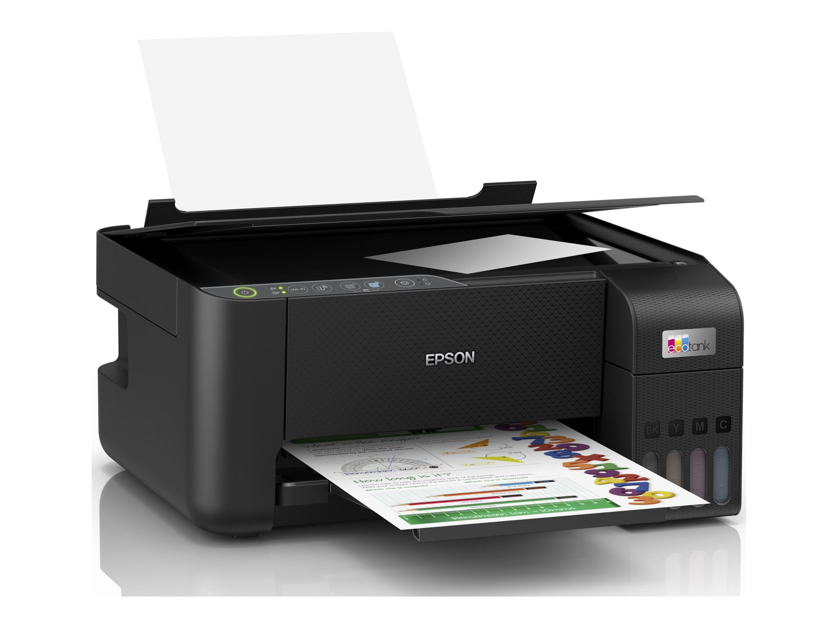 Czarna drukarka Epson EcoTank z wydrukowanym papierem.