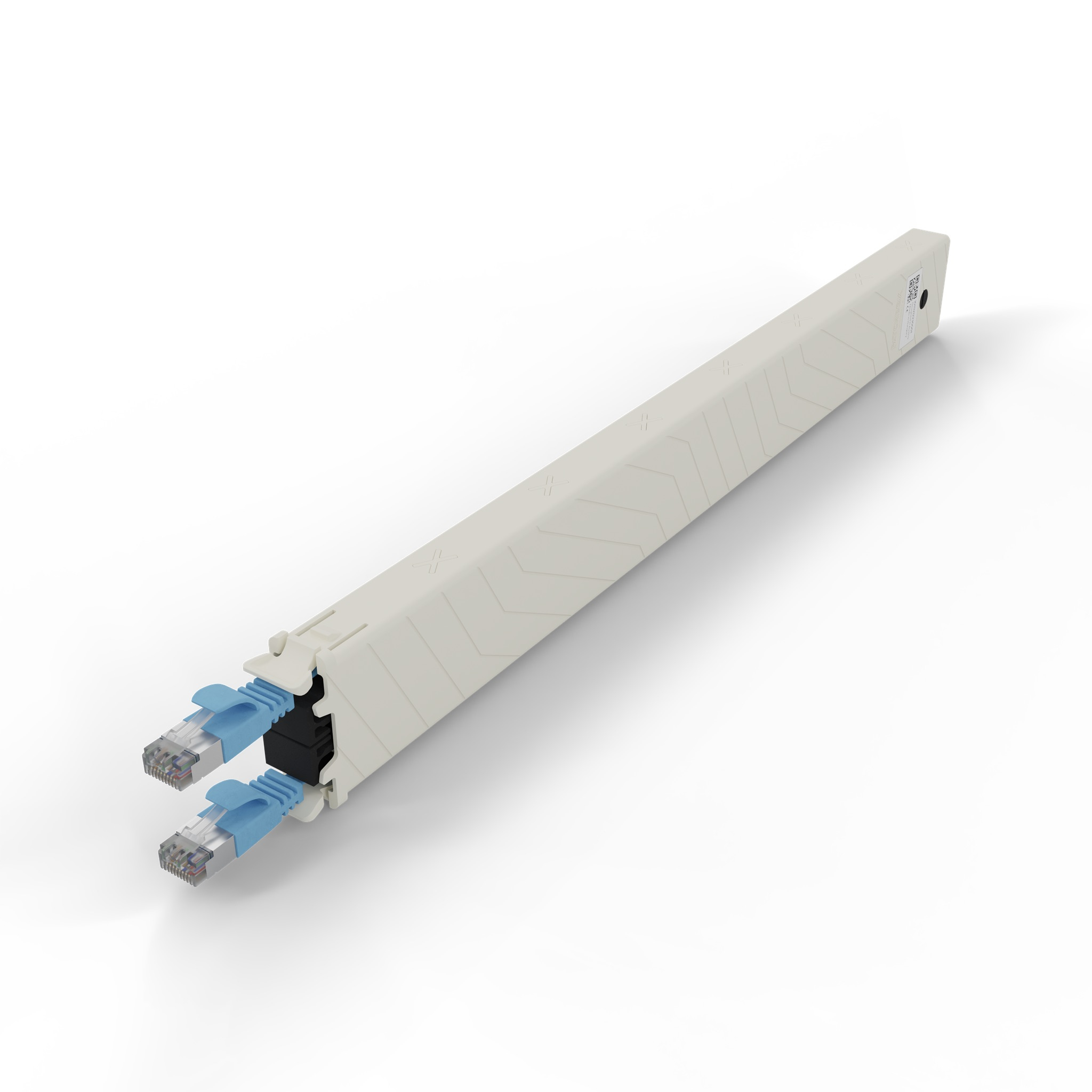 Un canale di gestione cavi beige con due connettori Ethernet blu.