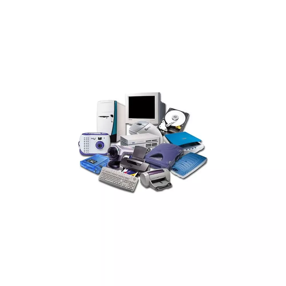 Parti del computer: monitor, case, disco rigido, stampante, mouse, fotocamera, tastiera.