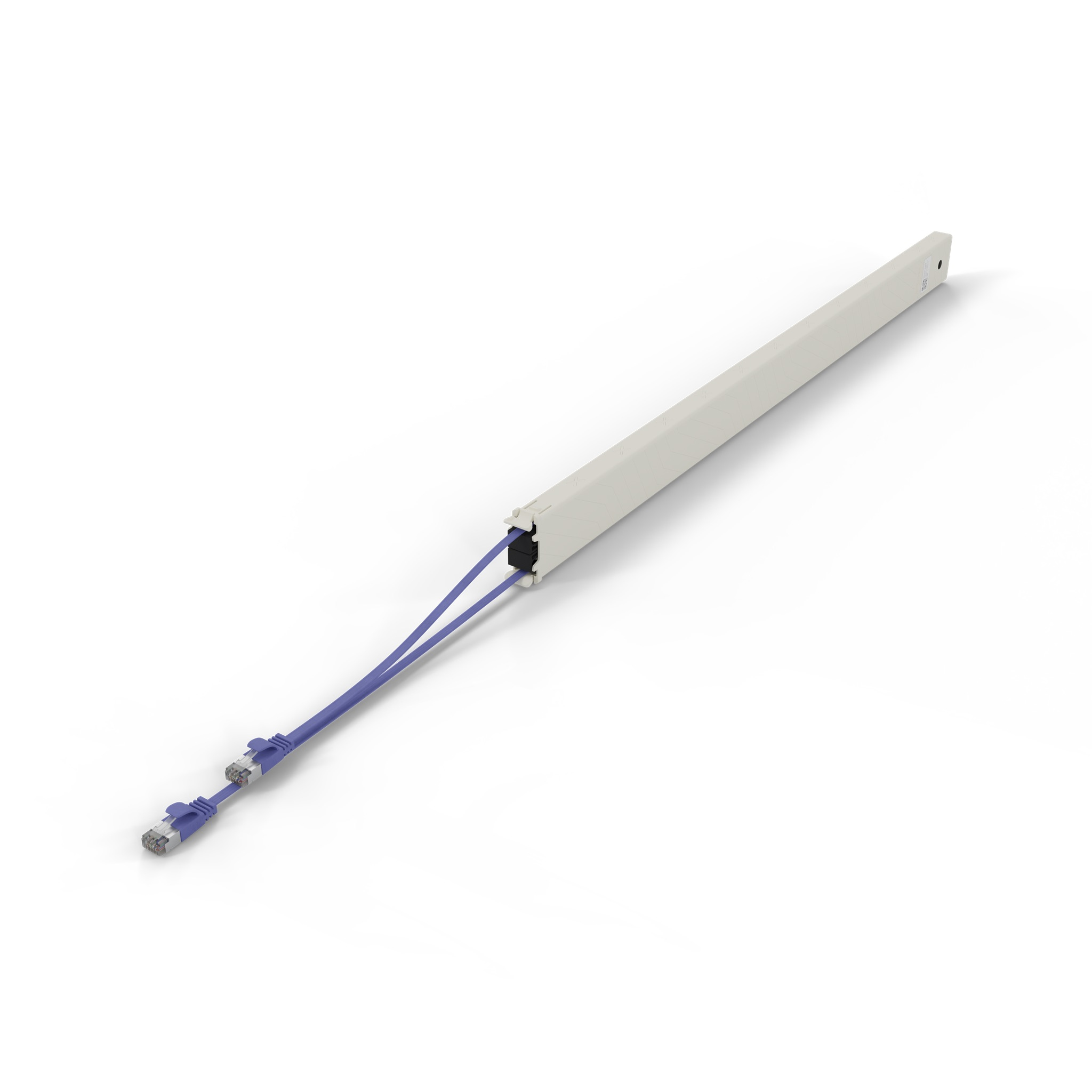 Un canale per cavi bianco con due cavi e connettori viola.